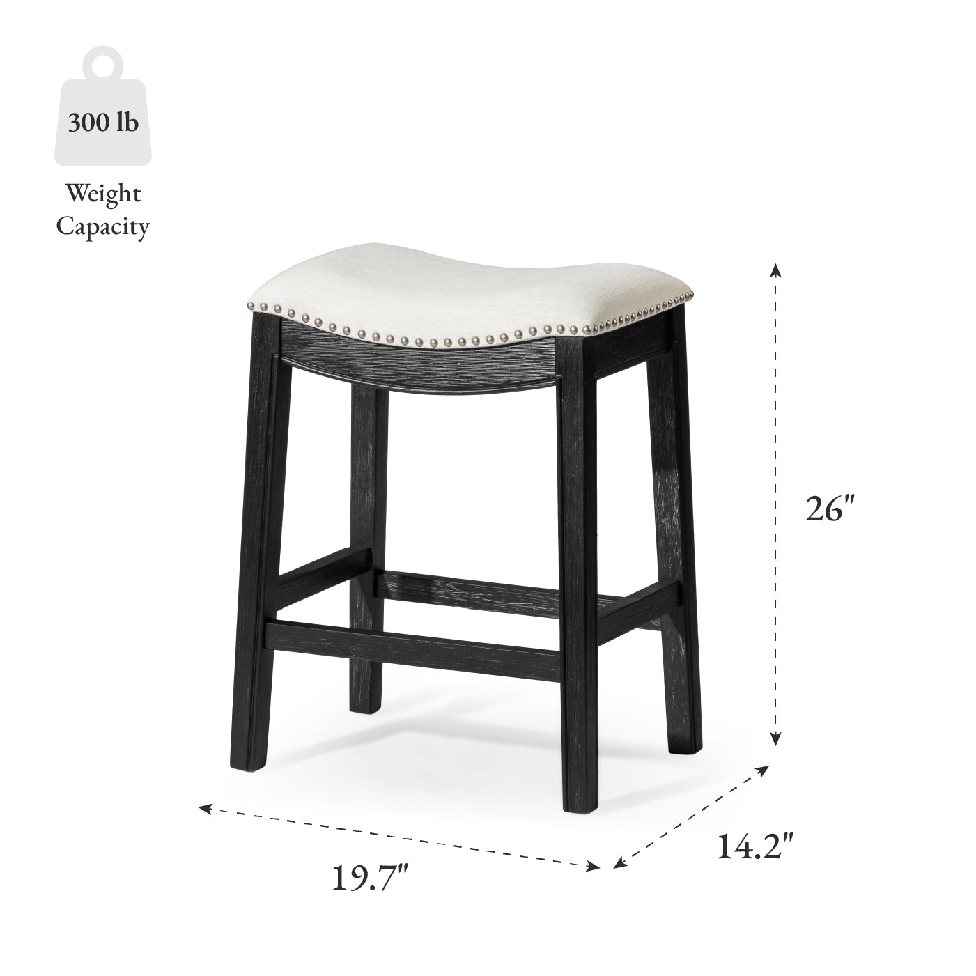 26" Adrien Saddle Counter Stool in Aged Black Finish with Snow White Fabric Upholstery in Stools by Maven Lane