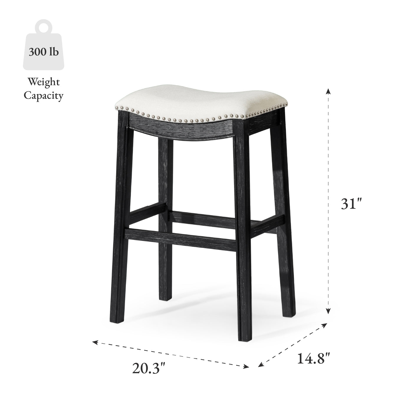 31" Adrien Saddle Bar Stool in Aged Black Finish with Snow White Fabric Upholstery in Stools by Maven Lane