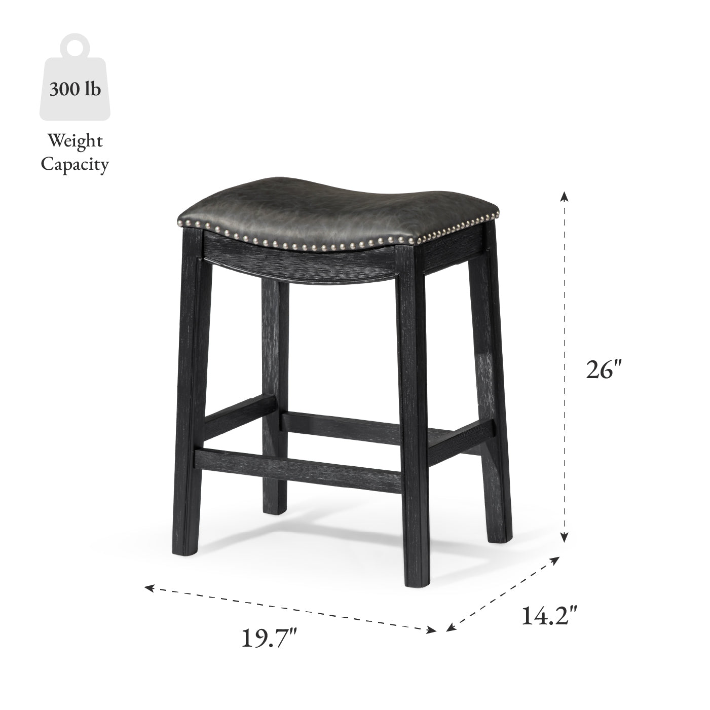 26" Adrien Saddle Counter Stool in Aged Black Finish with Charcoal Black Vegan Leather in Stools by Maven Lane