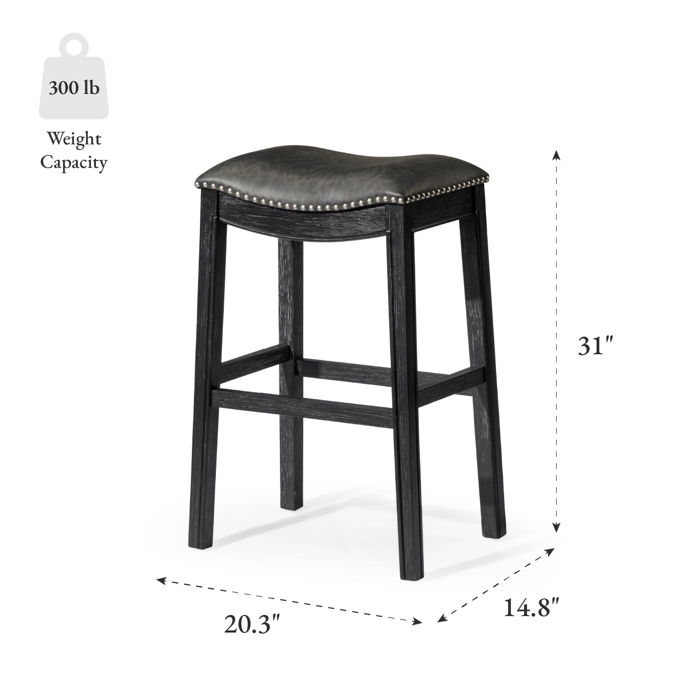 31" Adrien Saddle Bar Stool in Aged Black Finish with Charcoal Black Vegan Leather in Stools by Maven Lane