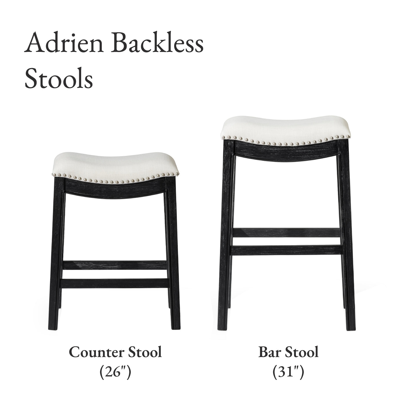 26" Adrien Saddle Counter Stool in Aged Black Finish with Snow White Fabric Upholstery in Stools by Maven Lane
