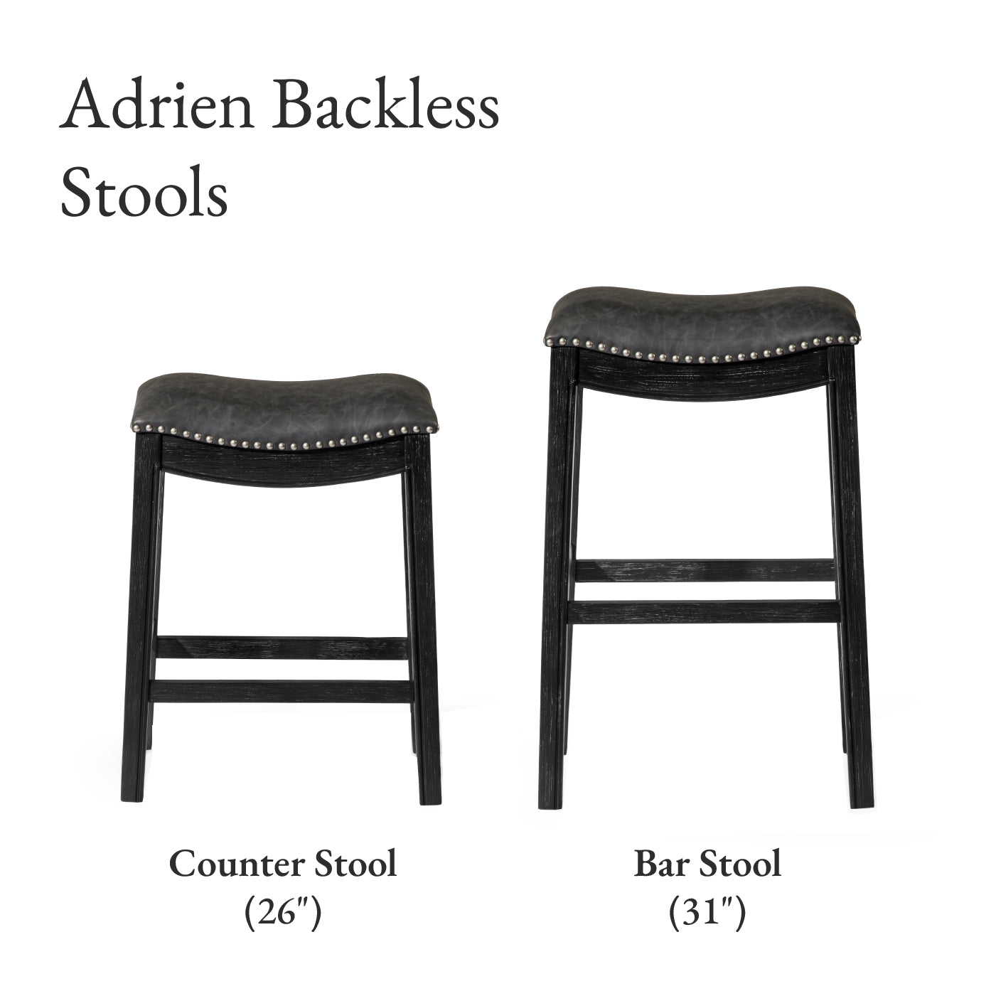 31" Adrien Saddle Bar Stool in Aged Black Finish with Charcoal Black Vegan Leather in Stools by Maven Lane