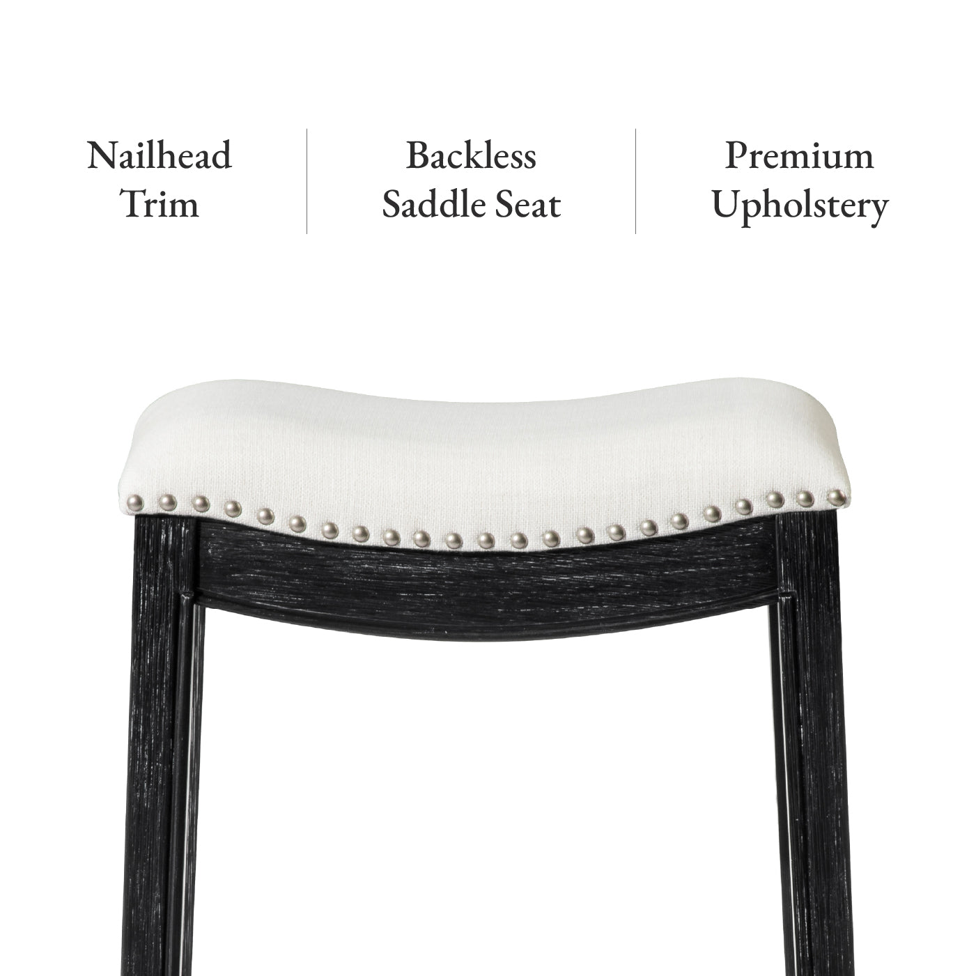 26" Adrien Saddle Counter Stool in Aged Black Finish with Snow White Fabric Upholstery in Stools by Maven Lane
