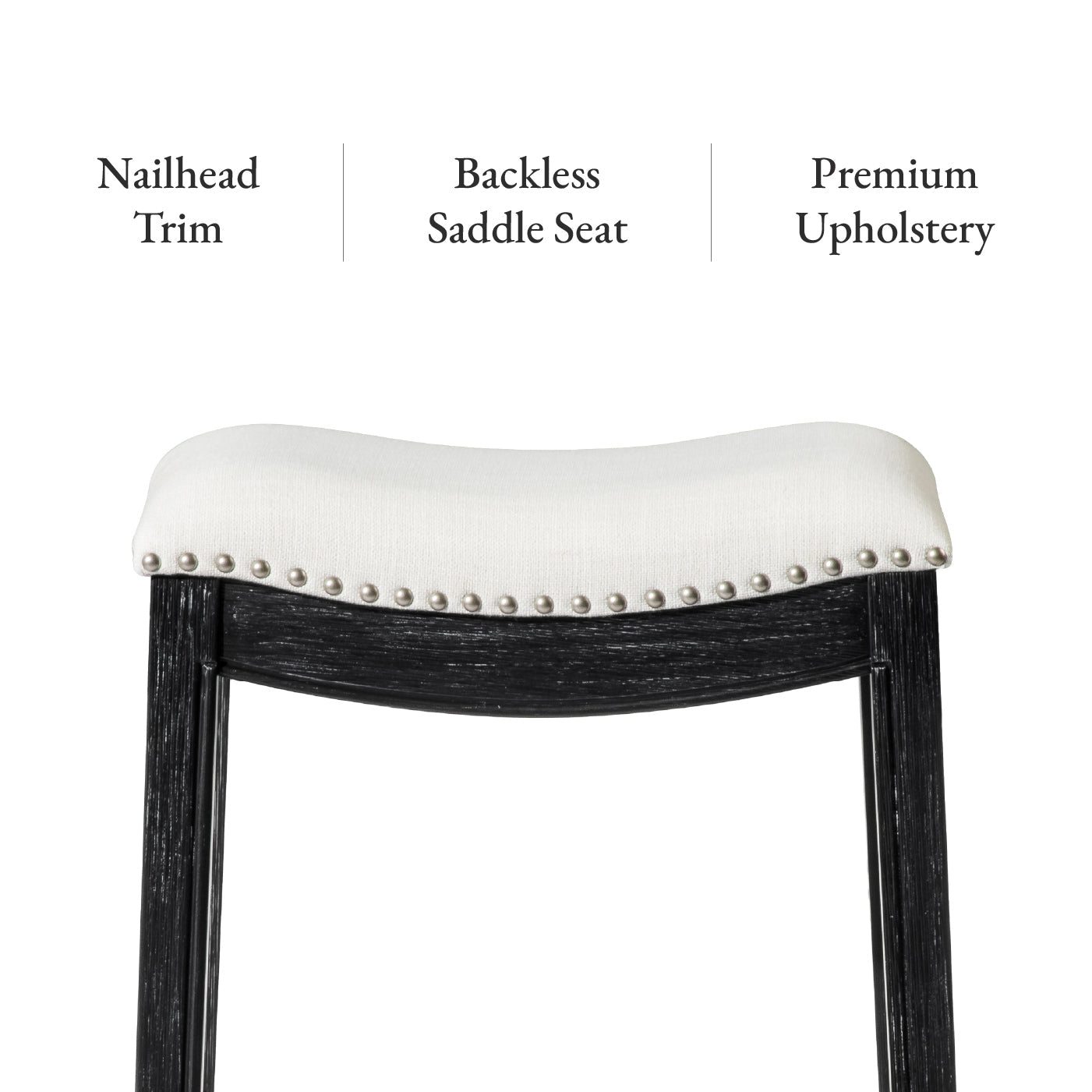 31" Adrien Saddle Bar Stool in Aged Black Finish with Snow White Fabric Upholstery in Stools by Maven Lane