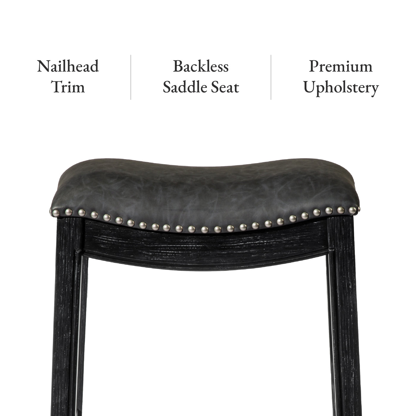 31" Adrien Saddle Bar Stool in Black Finish with Dark Grey Faux Leather (Set of 3) in Stools by Maven Lane