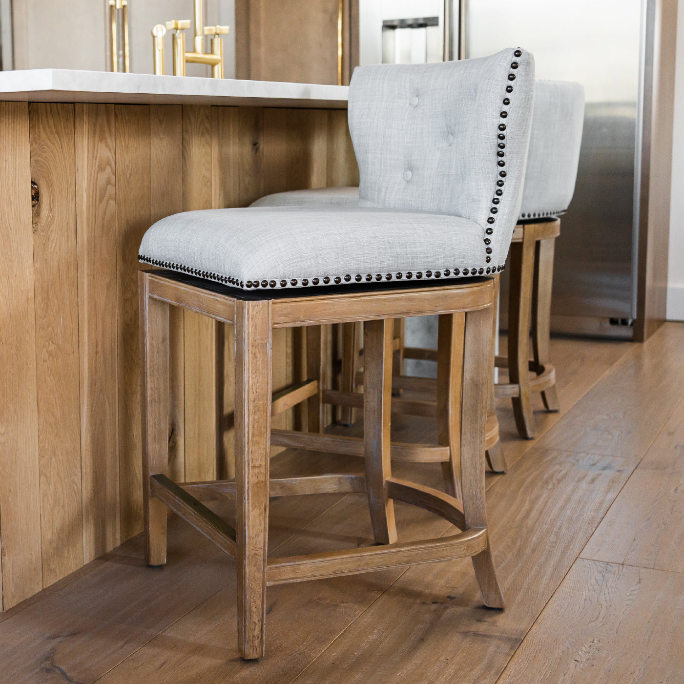 Hugo Counter Stool in Natural Finish with Light Grey Fabric Upholstery in Stools by Maven Lane