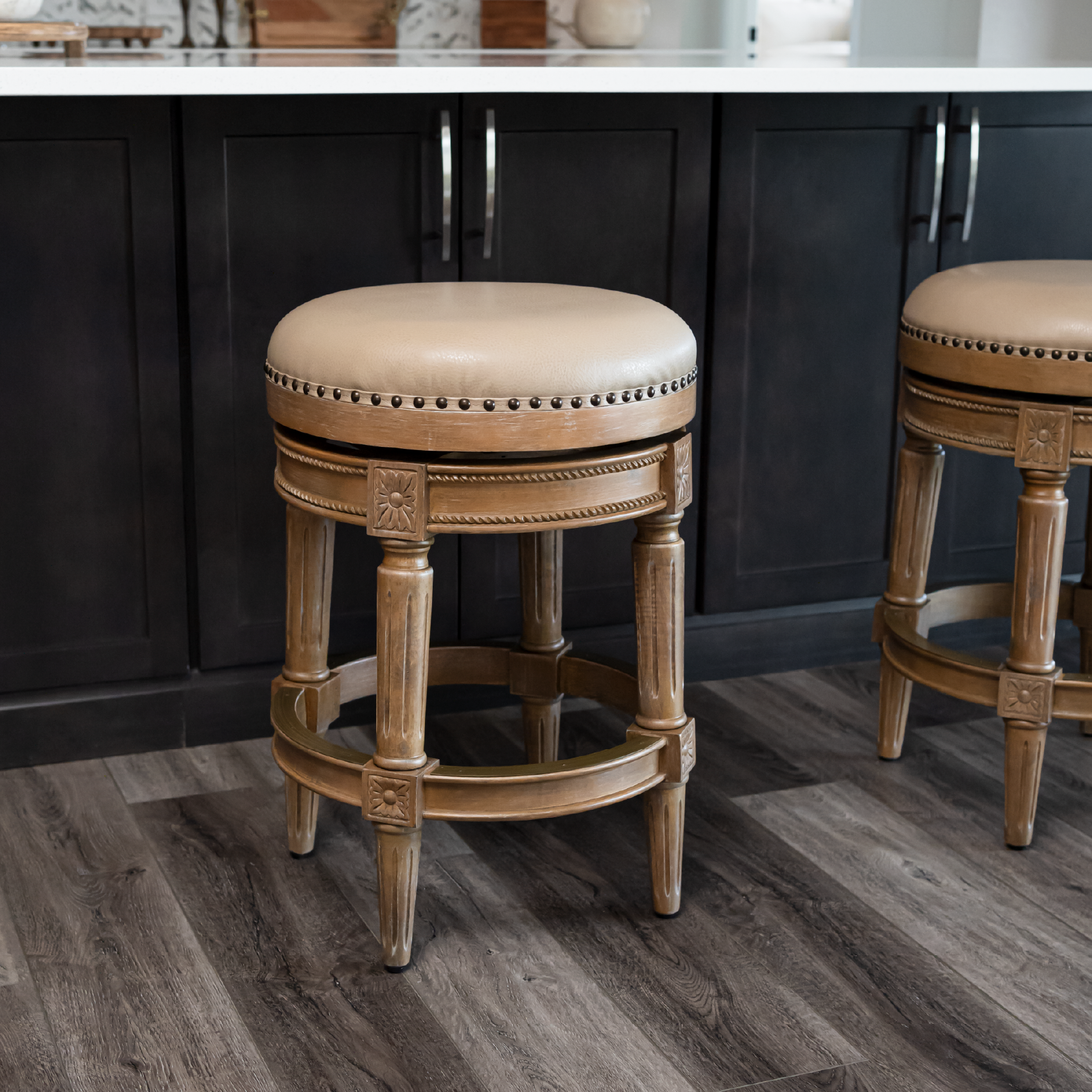 27" Pullman backless swivel counter height kitchen stool - weathered oak finish with avanti bone vegan leather in Stools by Maven Lane