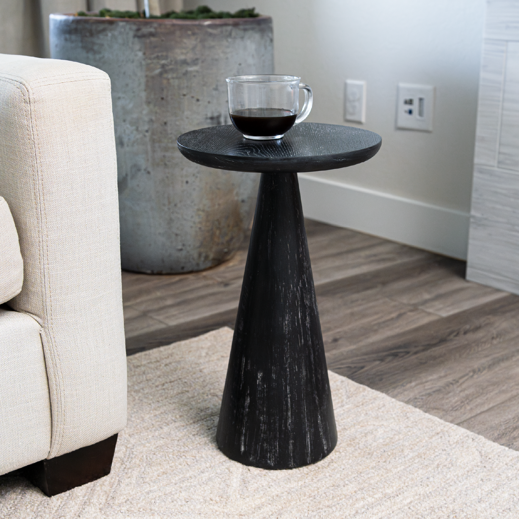 Owen rustic wooden drink table in aged black in Accent Tables by Maven Lane