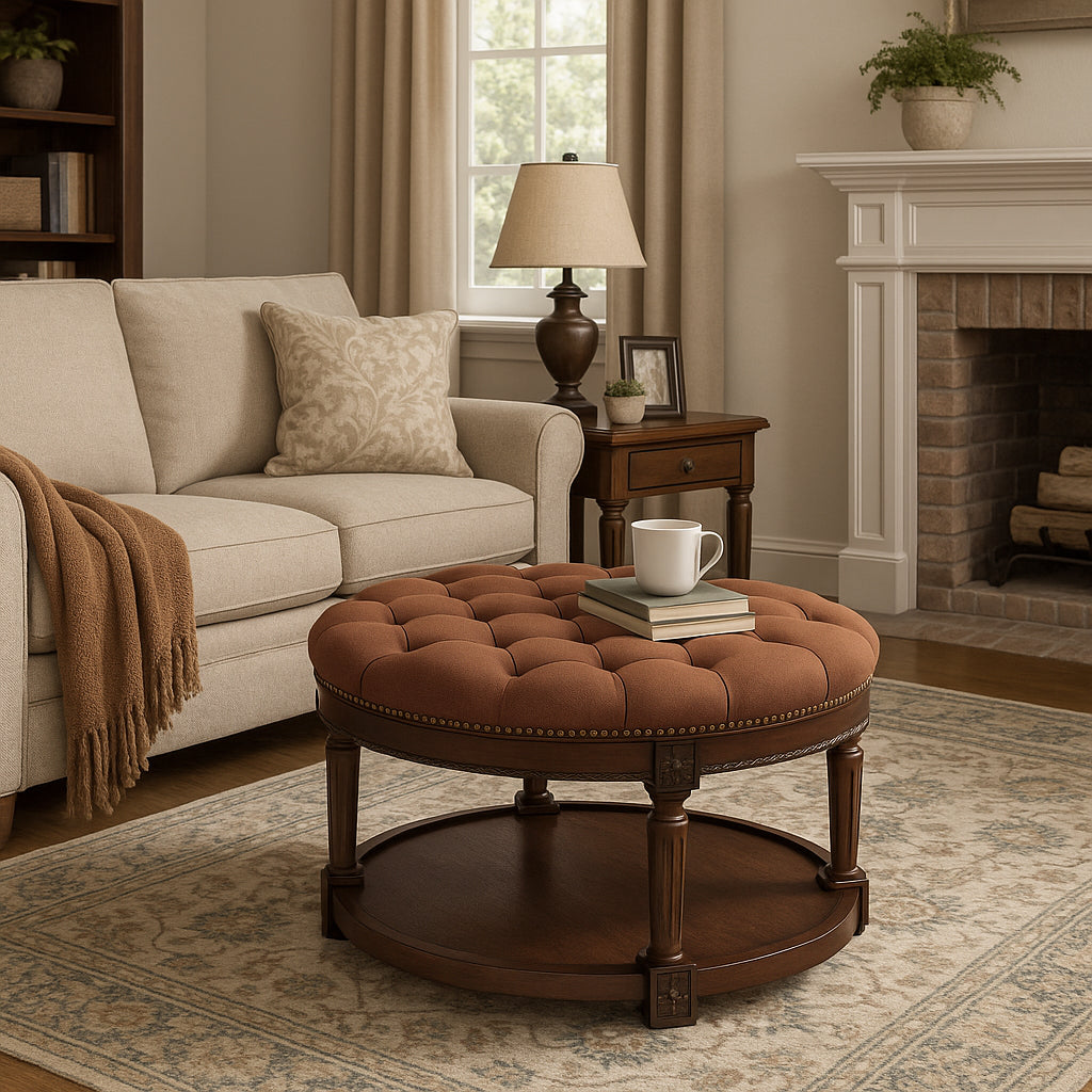 Mesa Round Upholstered Coffee Table in Brown Finish and Brown Fabric Upholstery in Coffee Table by Maven Lane