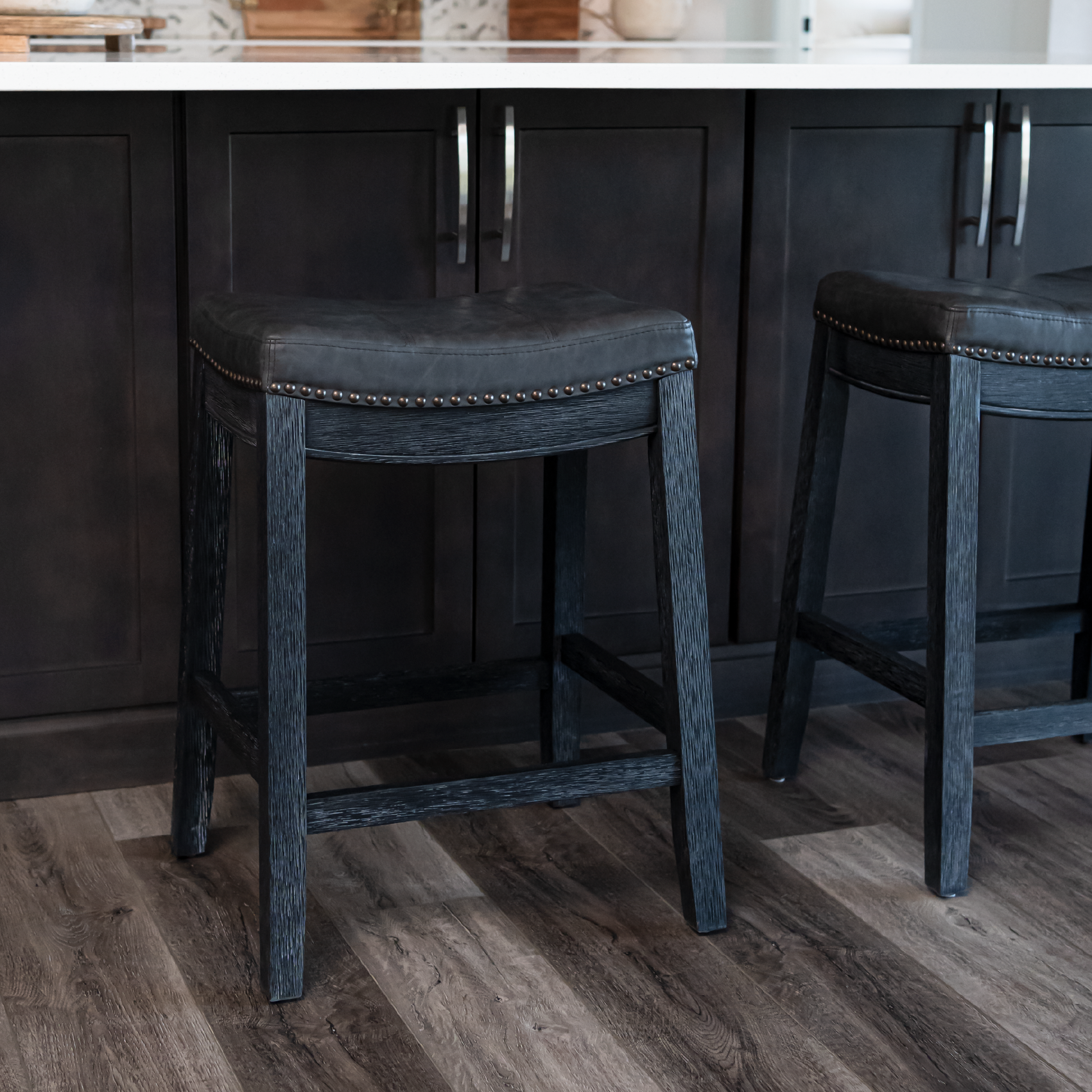 26" Sophia saddle backless counter height kitchen stool - aged black finish with charcoal black vegan leather in Stools by Maven Lane