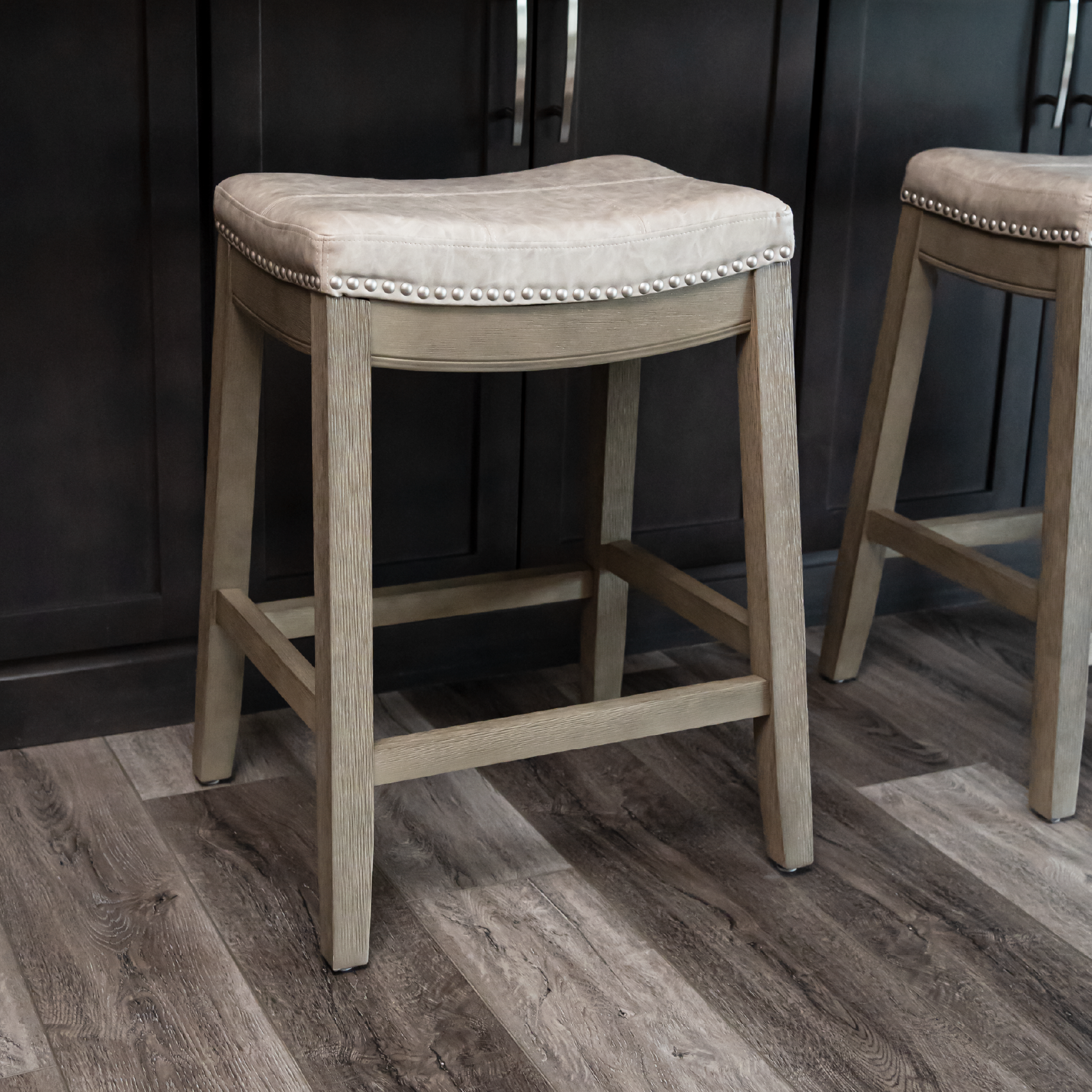26" Sophia saddle backless counter height kitchen stool - aged grey finish with pebble grey vegan leather in Stools by Maven Lane