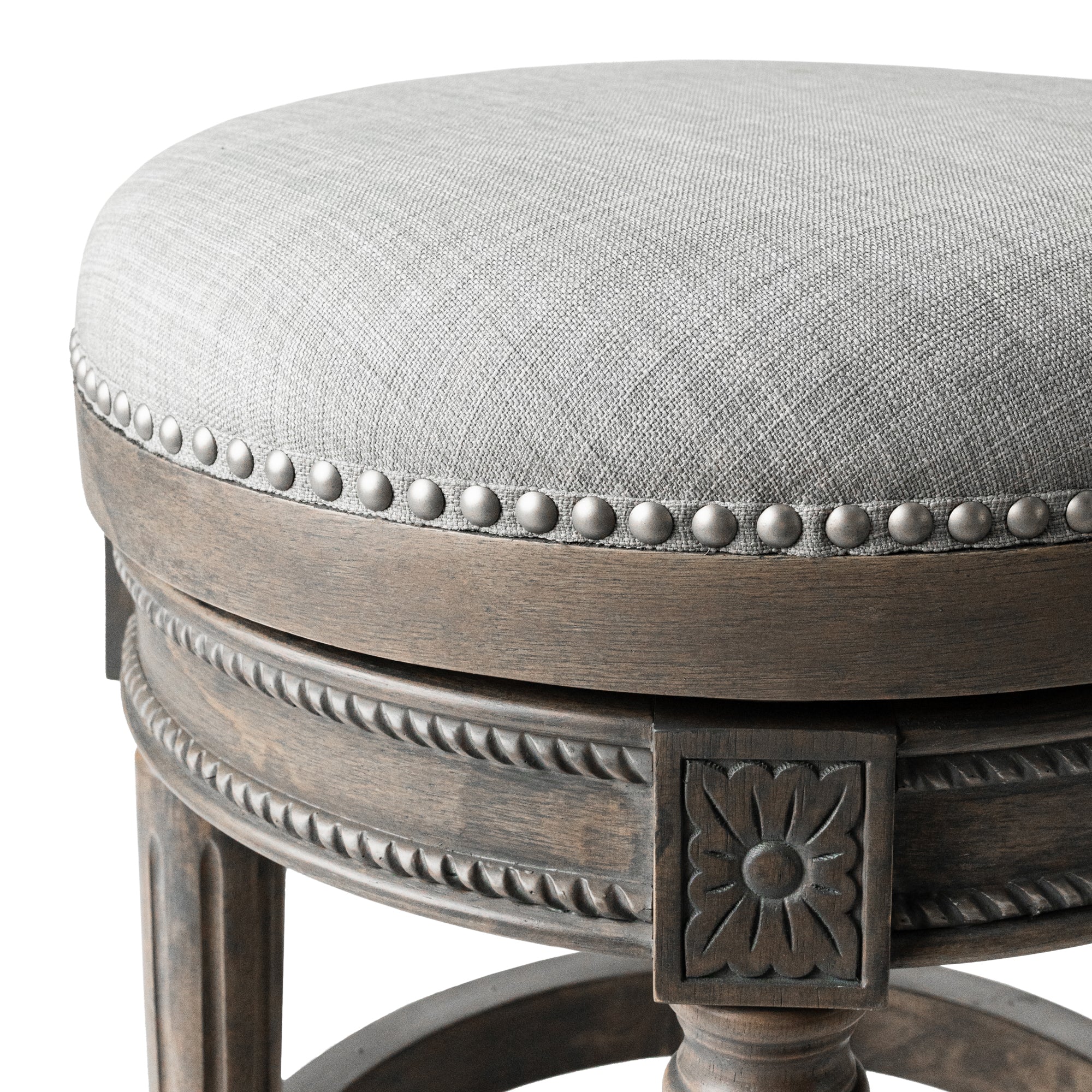 Pullman Backless Swivel Counter Height Kitchen Stool - Reclaimed Oak Finish With Ash Grey Fabric Upholstery in Stools by Maven Lane