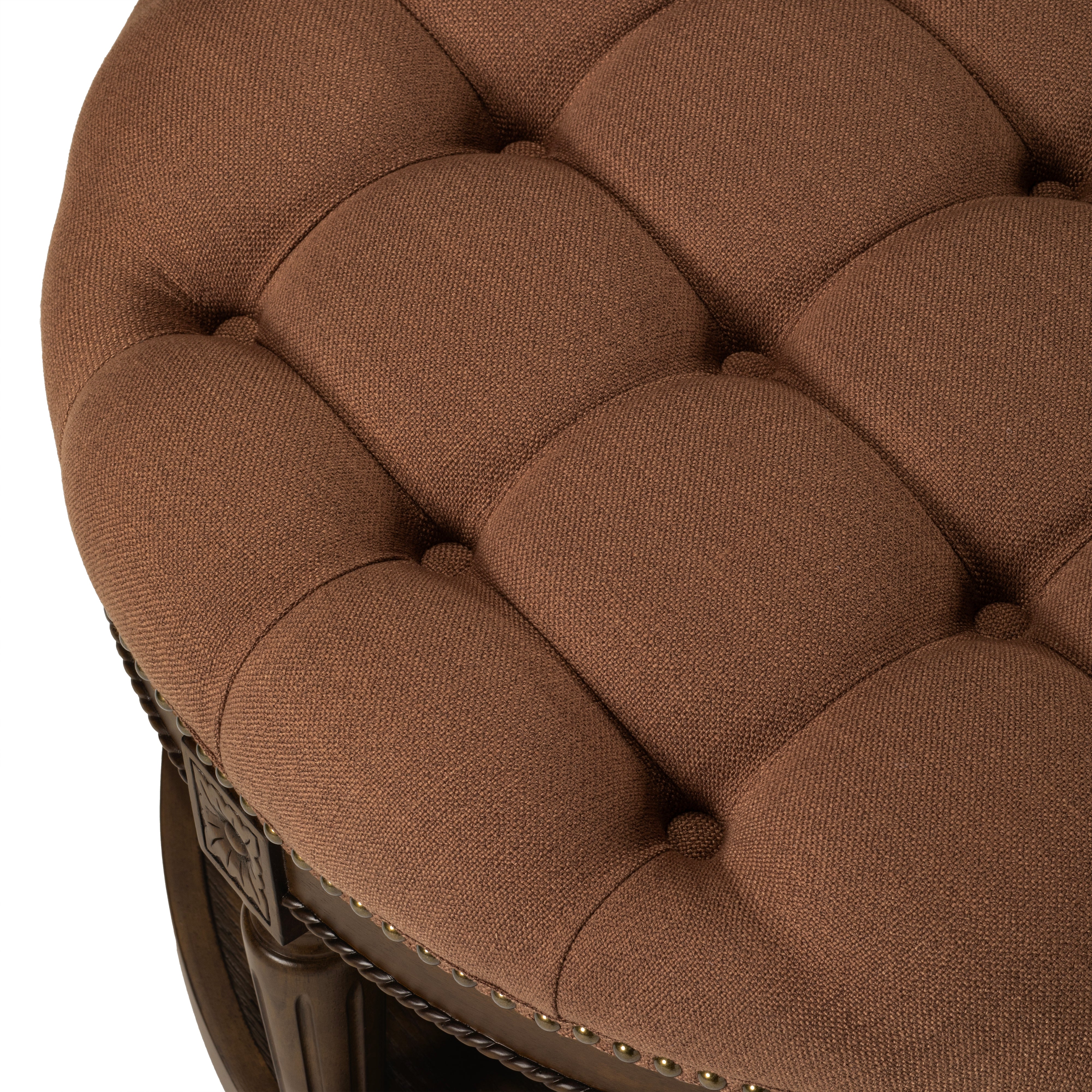 Mesa Round Upholstered Coffee Table in Aged Brown with Clay Brown Fabric in Coffee Table by Maven Lane