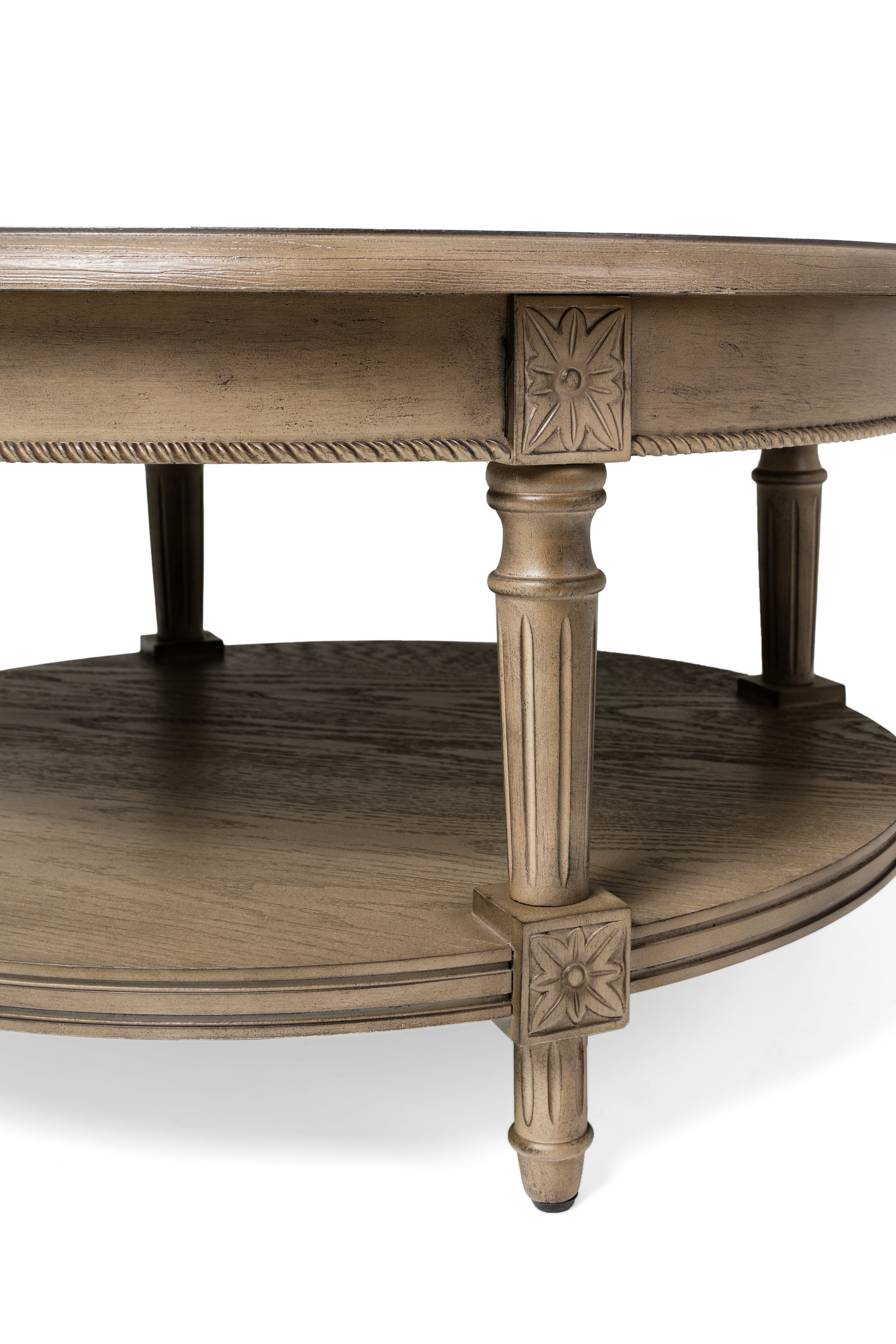 Pullman Traditional Round Wooden Coffee Table in Antiqued Grey Finish in Accent Tables by Maven Lane