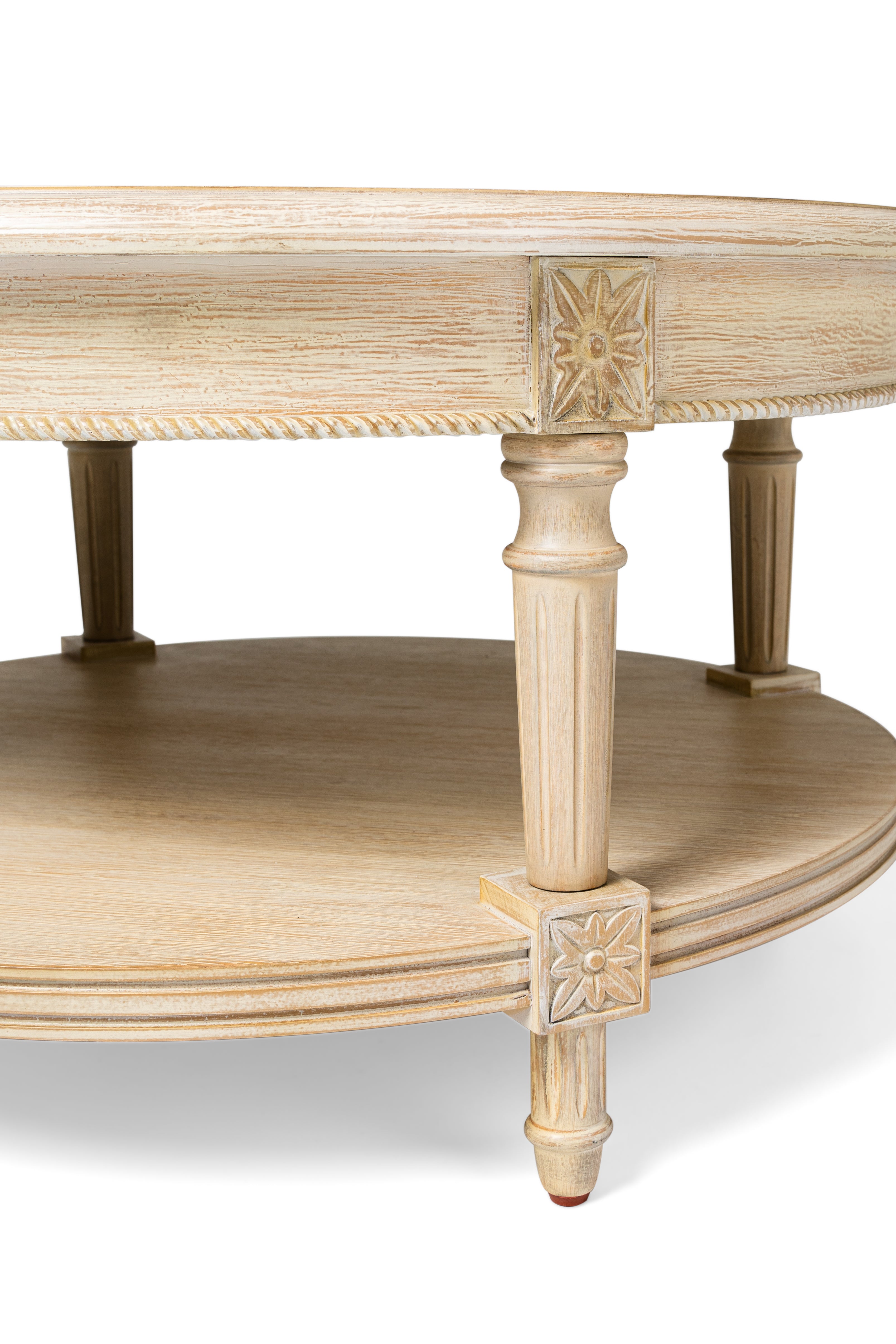 Pullman Traditional Round Wooden Coffee Table in Antiqued White Finish in Accent Tables by Maven Lane