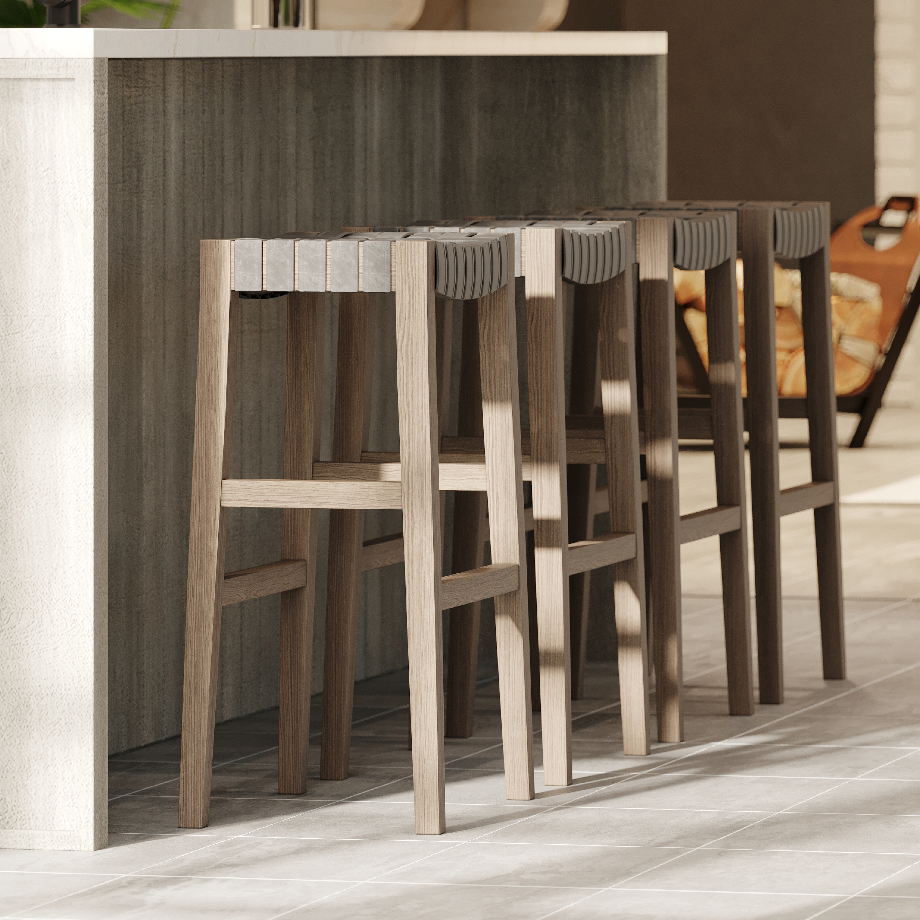 Emerson Bar Stool In Weathered Grey Wood Finish With Ronan Stone Vegan Leather in Stools by Maven Lane