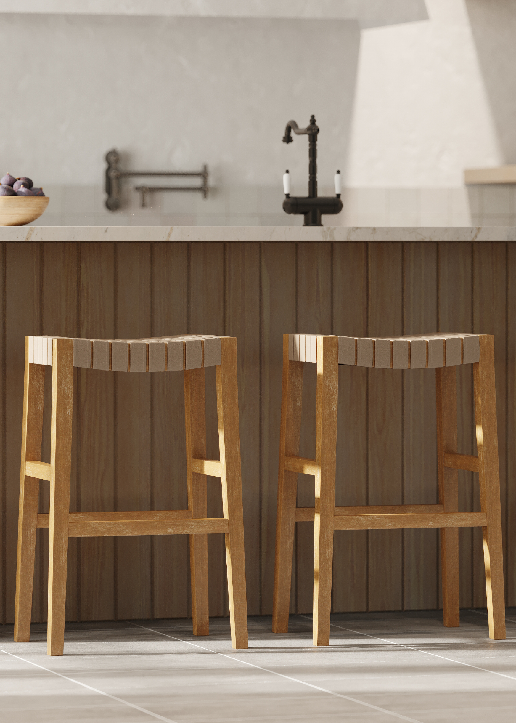 Emerson Bar Stool In Weathered Natural Wood Finish With Avanti Bone Vegan Leather in Stools by Maven Lane
