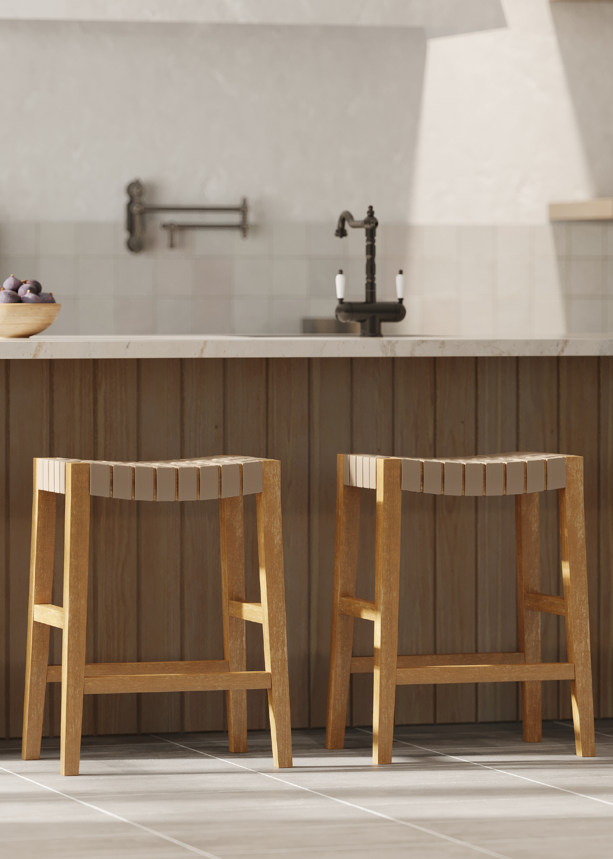 Emerson Counter Height Kitchen Stool - Weathered Natural Wood Finish With Avanti Bone Vegan Leather in Stools by Maven Lane