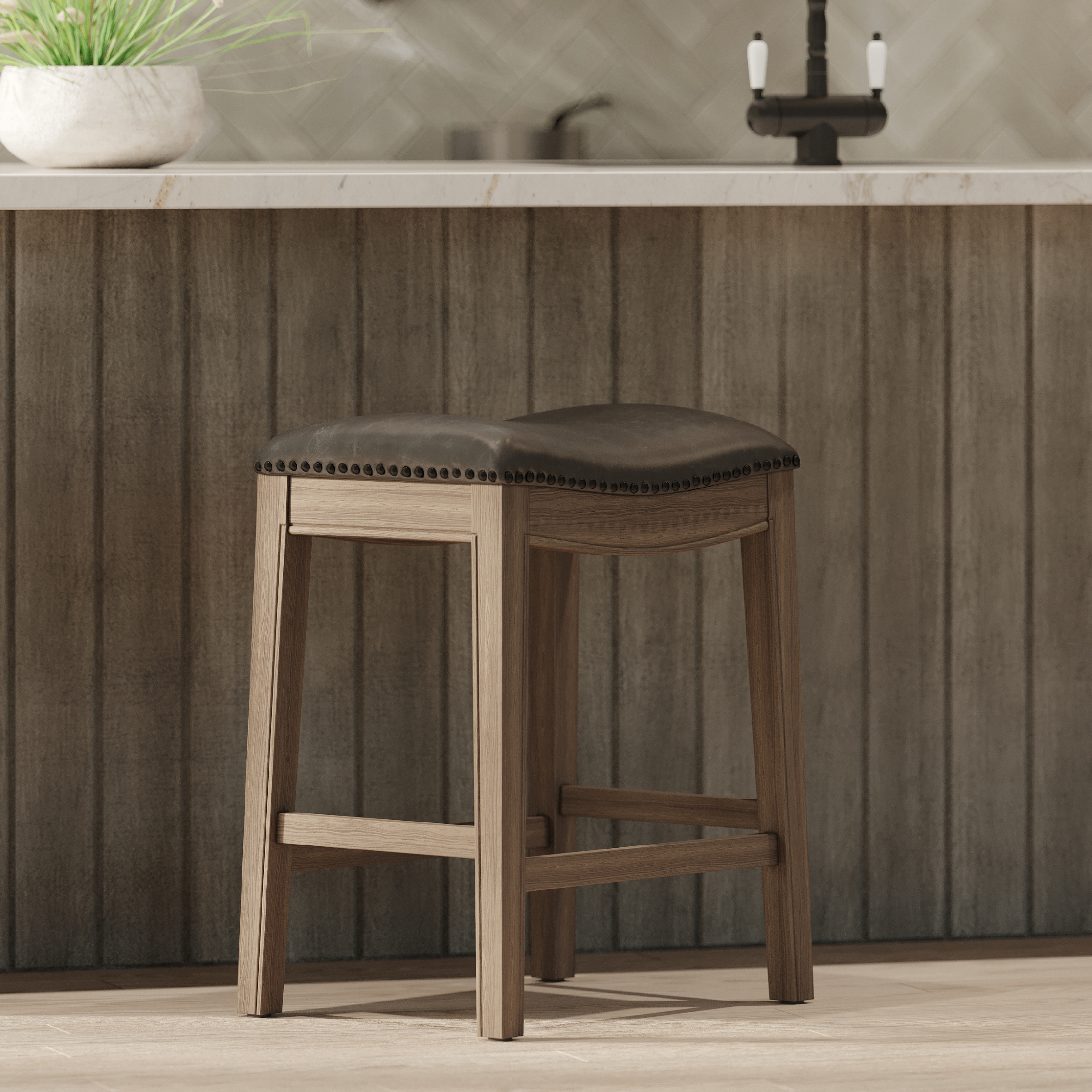 Adrien Saddle Counter Height Kitchen Stool - Reclaimed Oak Finish With Ronan Stone Vegan Leather in Stools by Maven Lane