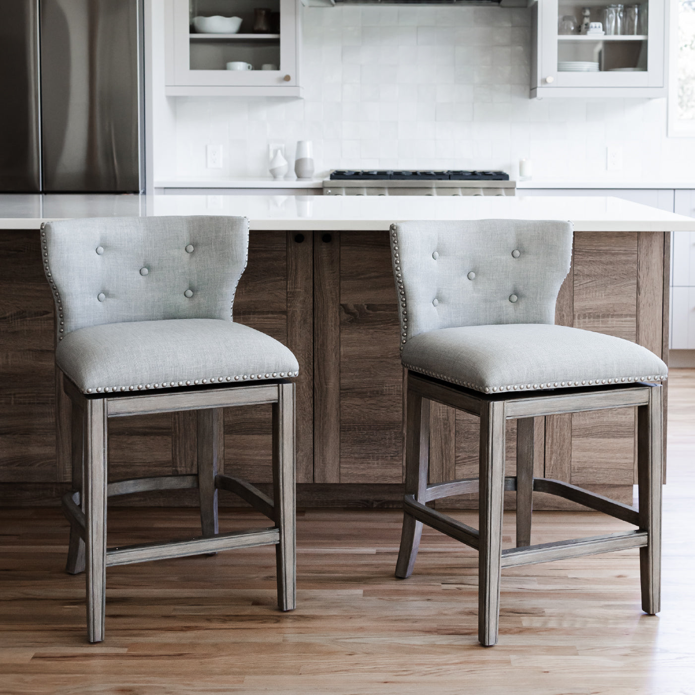 Hugo Counter Stool in Grey Finish with Grey Fabric Upholstery in Stools by Maven Lane