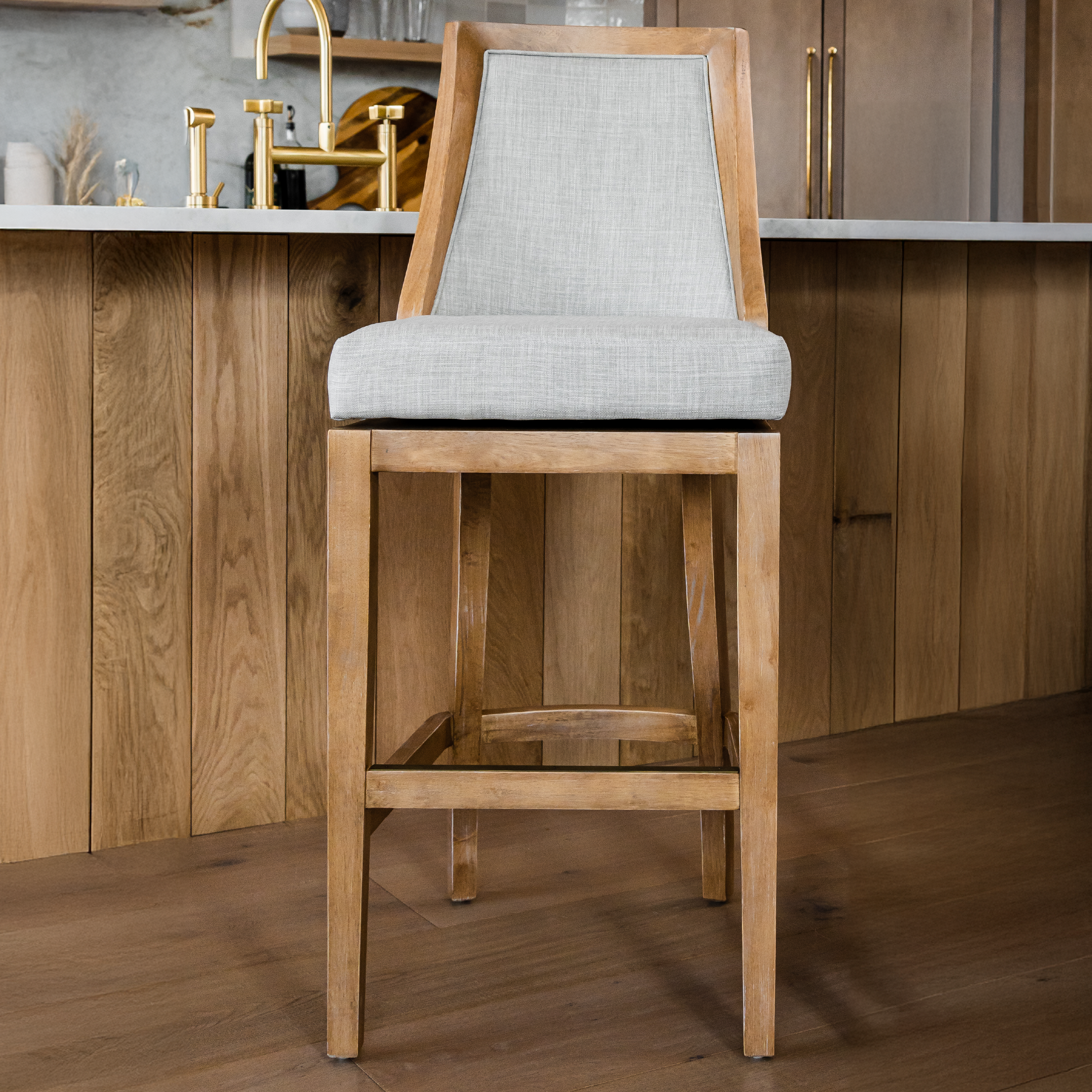Vienna Swivel Bar Stool in Weathered Oak Finish with Sand Color Fabric Upholstery in Stools by Maven Lane