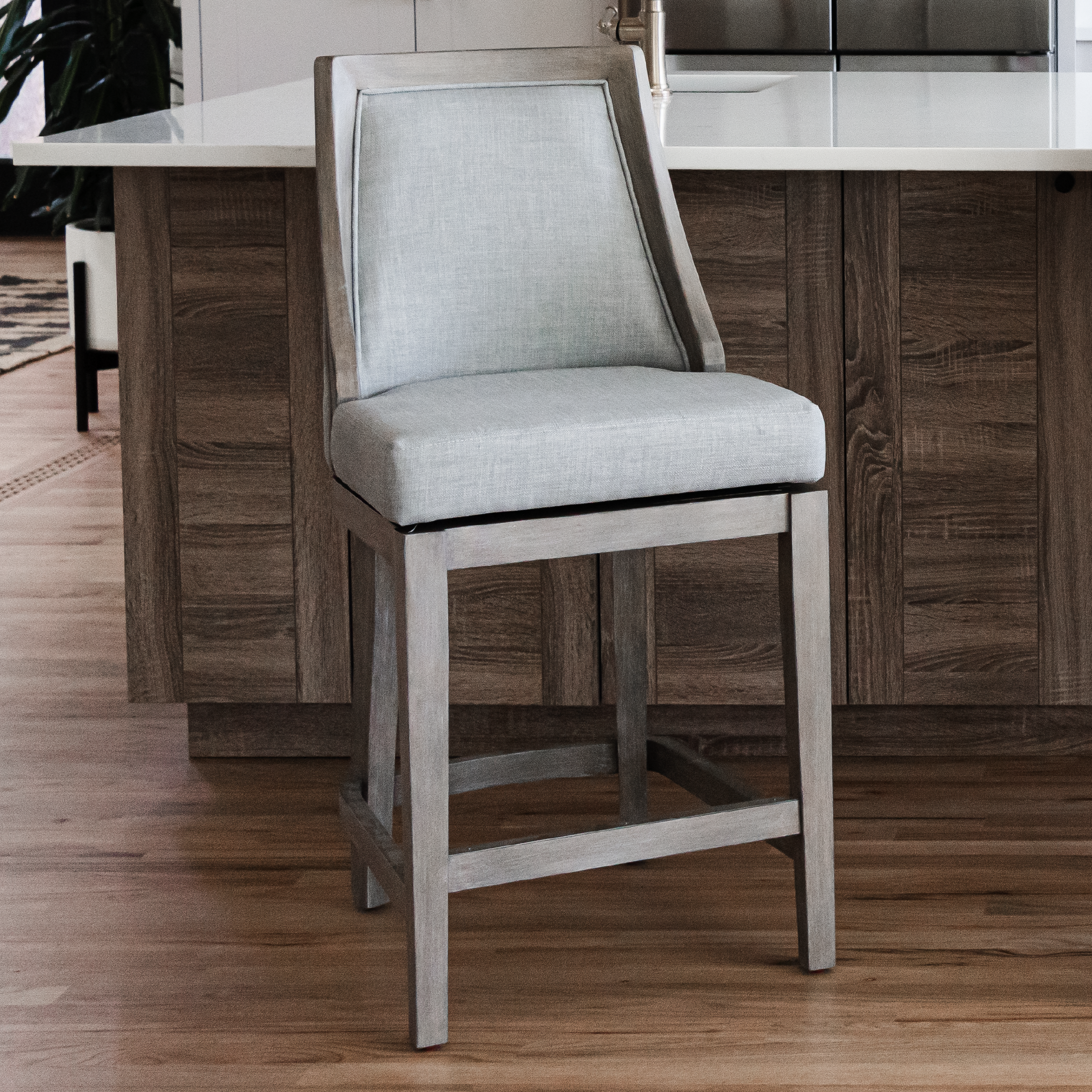 26" Vienna Swivel Counter Stool in Reclaimed Oak Finish with Ash Grey Fabric Upholstery in Stools by Maven Lane