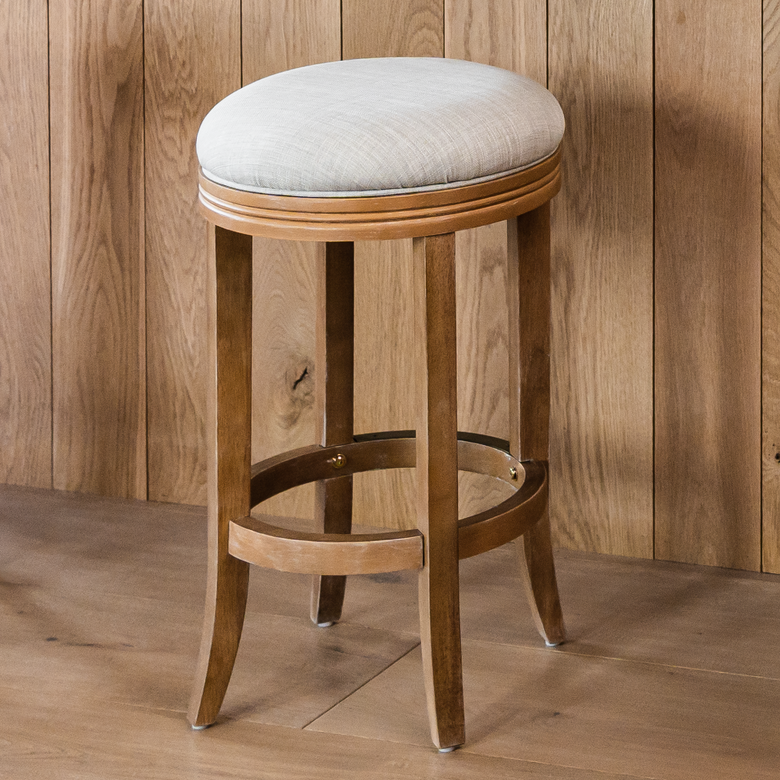 Eva Swivel Counter Height Kitchen Stool - Weathered Oak Finish with Sand Color Fabric Upholstery in Stools by Maven Lane