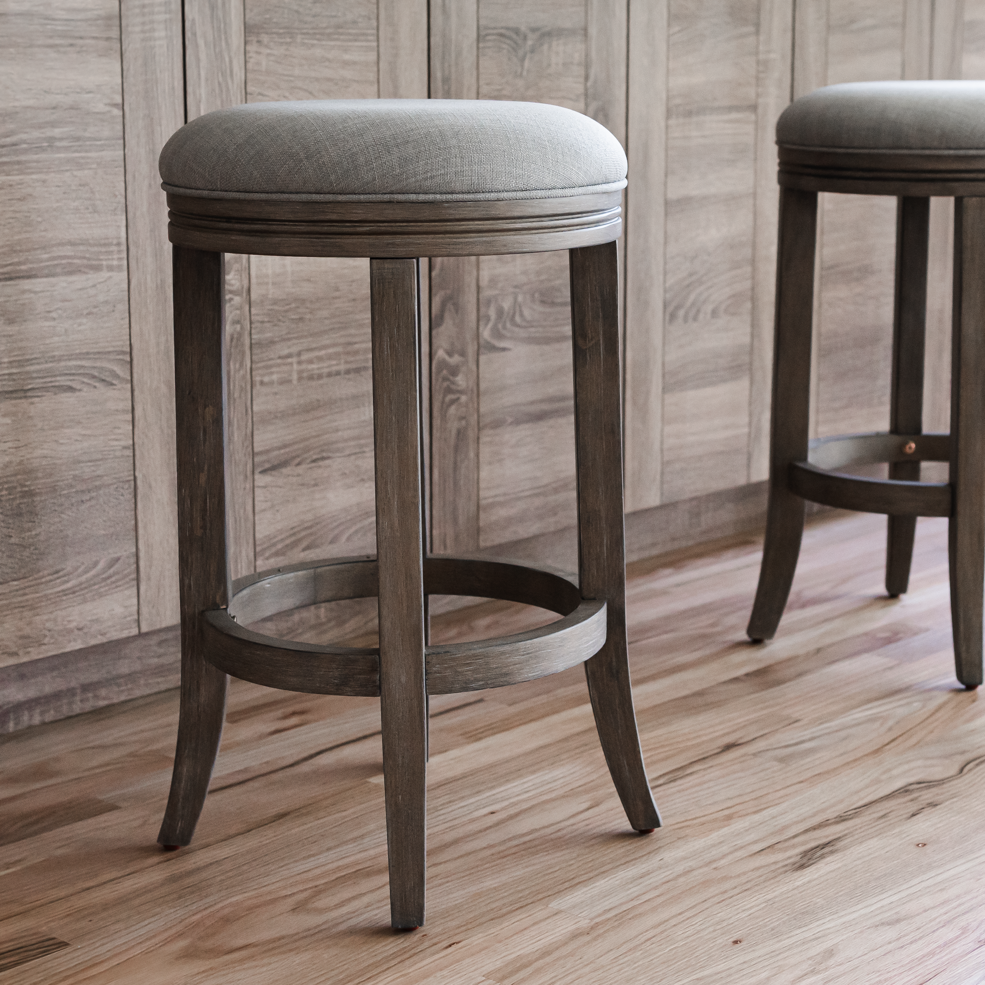 26" Eva Counter Height Kitchen Stool - Reclaimed Oak Finish with Ash Grey Fabric Upholstery in Stools by Maven Lane