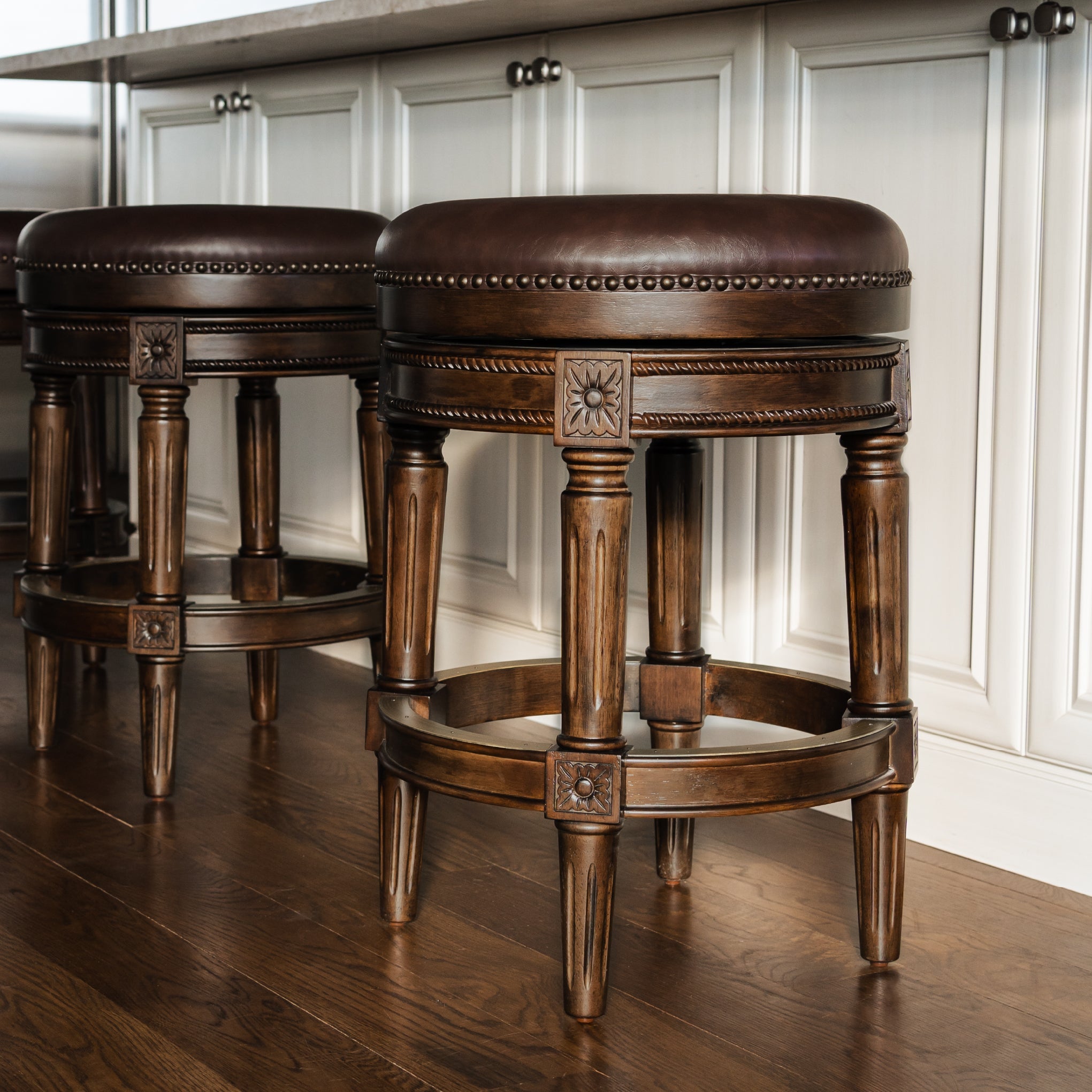 26" Pullman Backless Counter Stool in Dark Walnut Finish with Vintage Brown Vegan Leather in Stools by Maven Lane