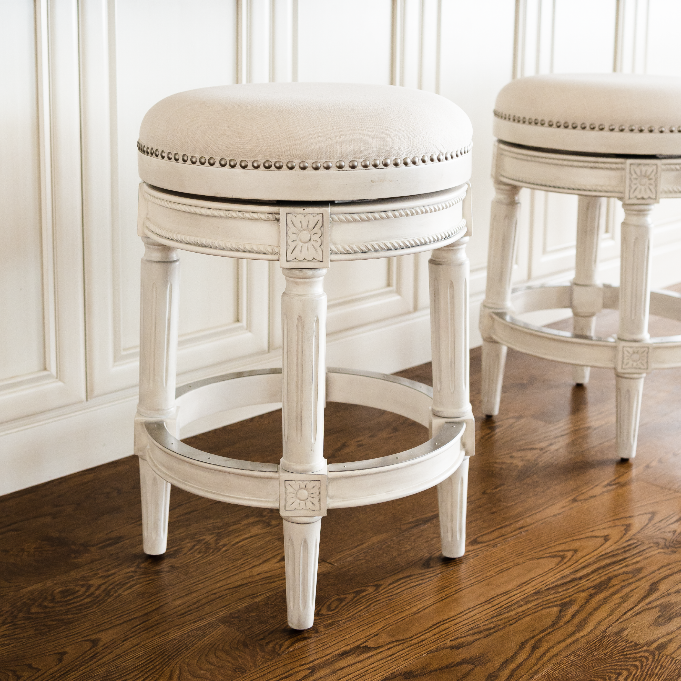 Pullman Backless Swivel Counter Height Kitchen Stool - White Oak Finish w/ Natural Fabric Upholstery in Stools by Maven Lane