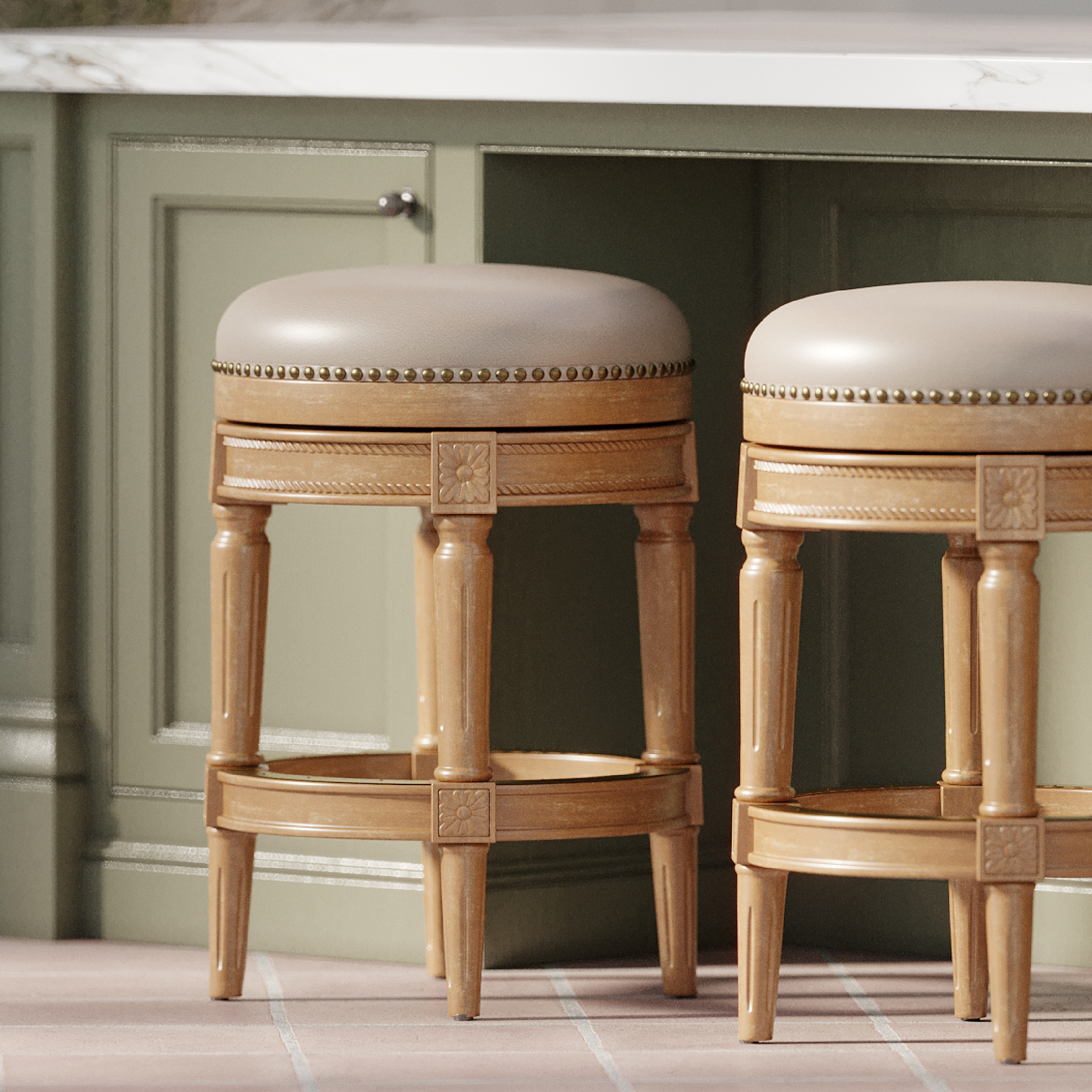 Pullman Backless Swivel Counter Height Kitchen Stool - Weathered Oak Finish with Avanti Bone Vegan Leather in Stools by Maven Lane