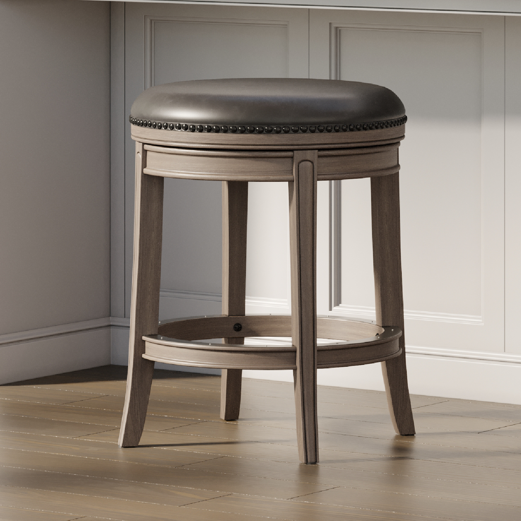 Alexander Backless Swivel Counter Height Kitchen Stool - Reclaimed Oak Finish with Ronan Stone Vegan Leather in Stools by Maven Lane