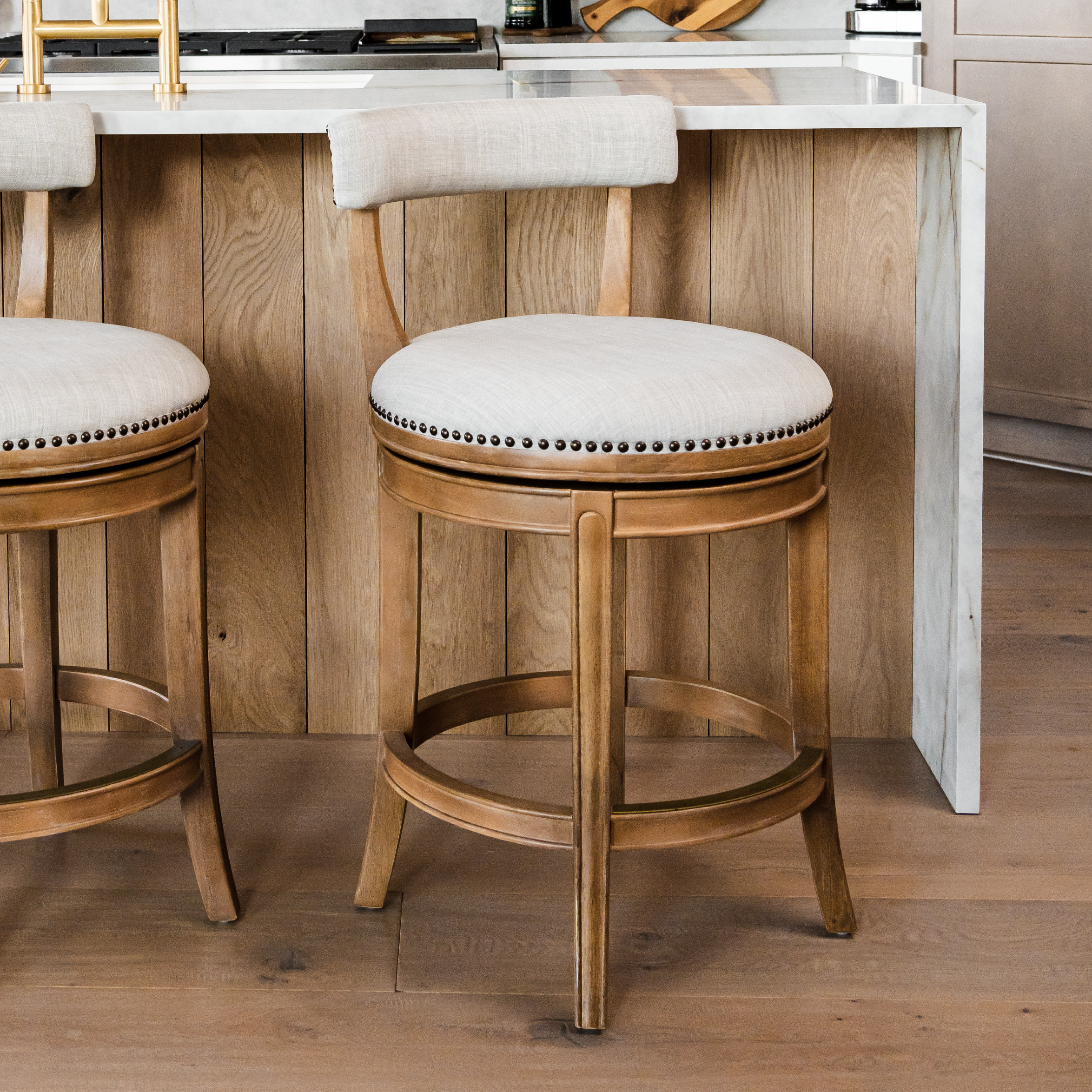 Alexander Counter Stool in Weathered Oak Finish with Sand Color Fabric Upholstery in Stools by Maven Lane