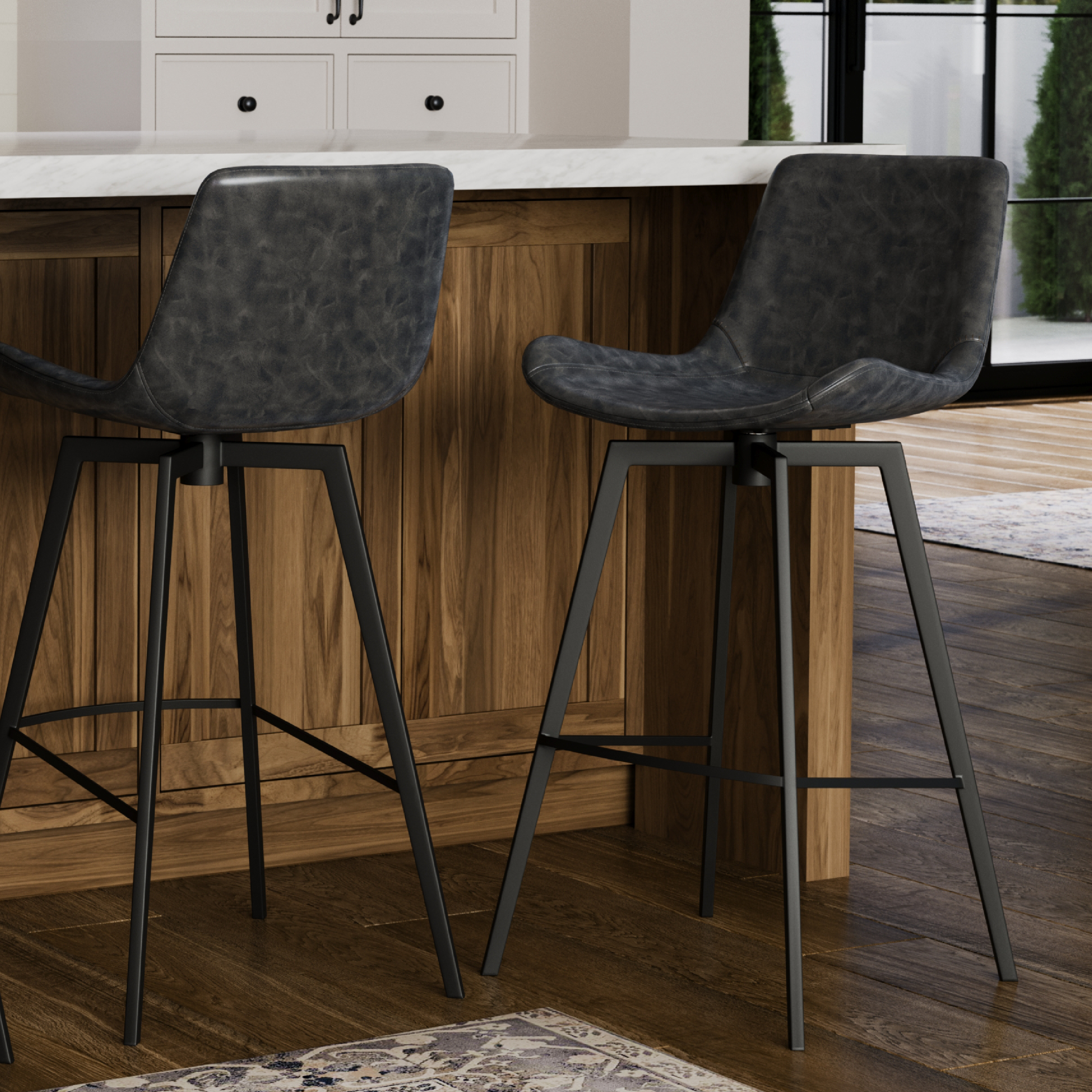 Victor Swivel Bar Stool In Matte Black Frame With Charcoal Vegan Leather in Stools by Maven Lane