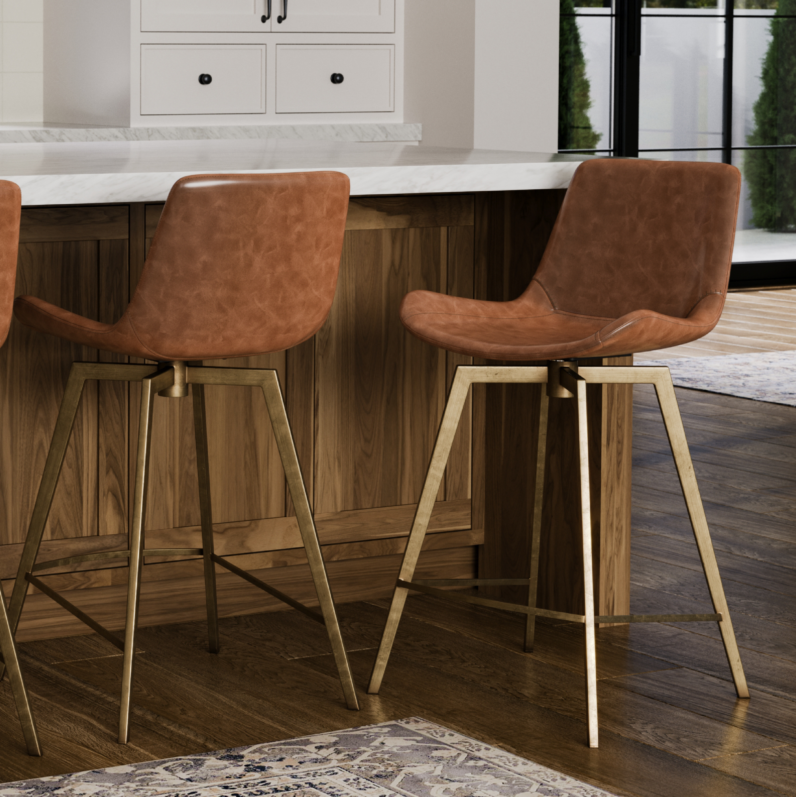 26" Victor Counter Stool in Antiqued Brass Frame with Cocoa Brown Vegan Leather in Stools by Maven Lane