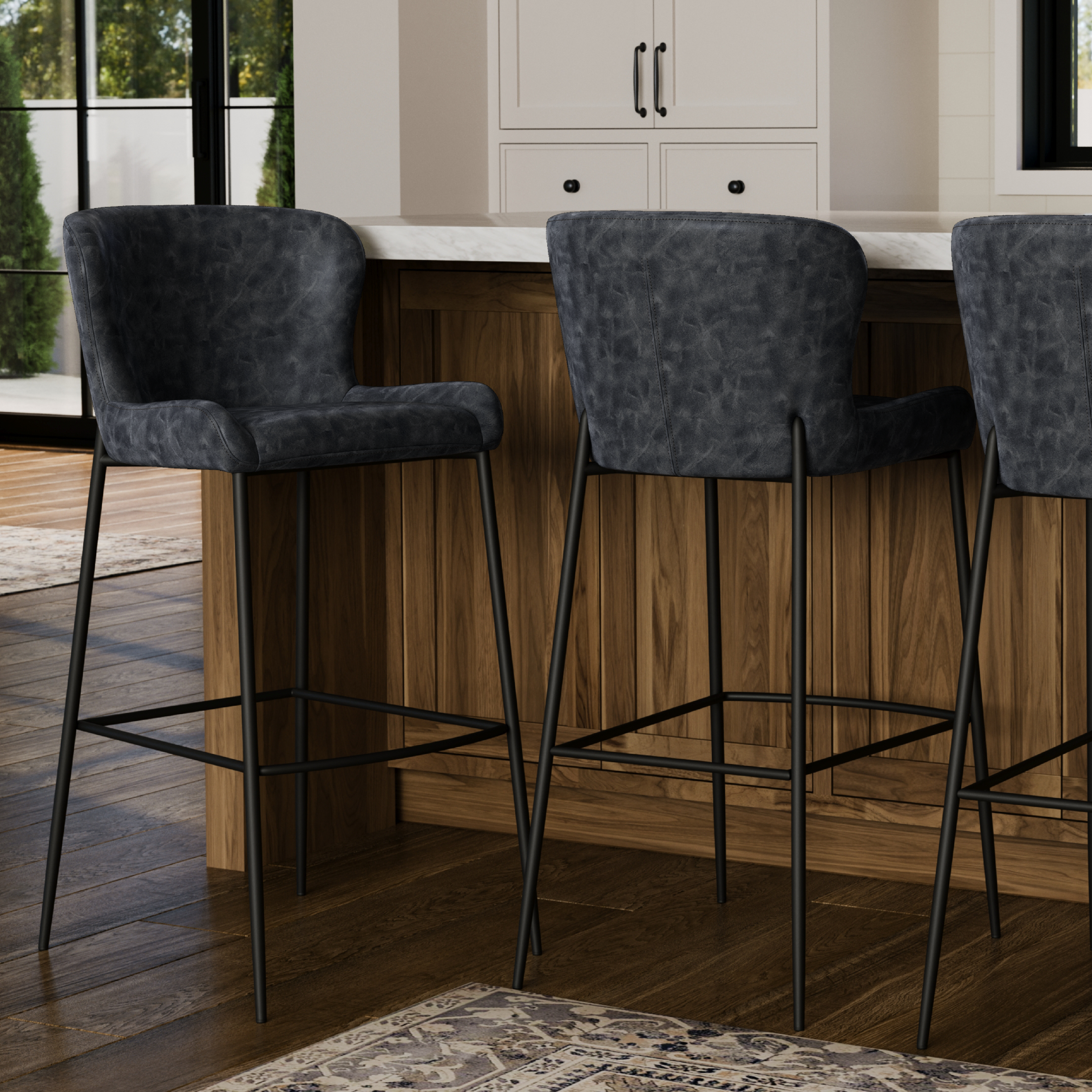 Naomi Bar Stool Matte Black with Charcoal Vegan Leather in Stools by Maven Lane