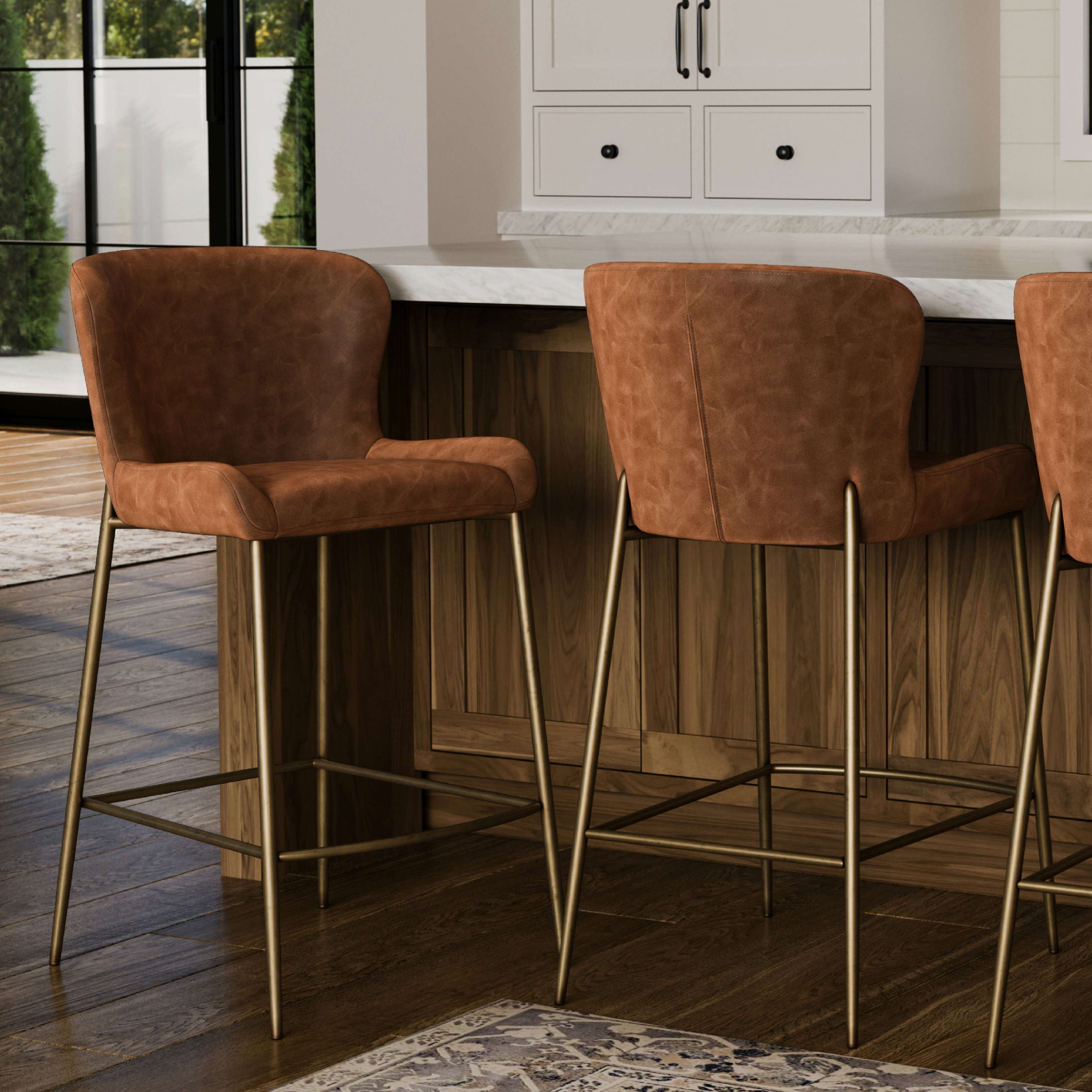 27" Naomi Counter Stool in Antique Brass Finish with Cocoa Brown Vegan Leather Upholstery in Stools by Maven Lane