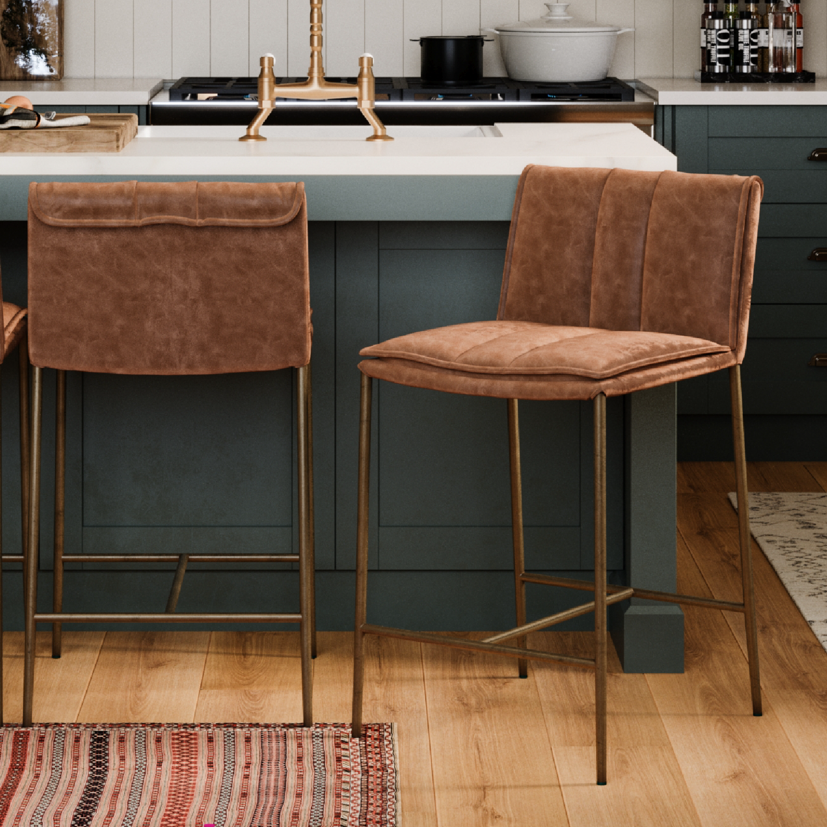 25" Gerard Counter Stool in Antique Brass Finish with Cocoa Brown Vegan Leather in Stools by Maven Lane