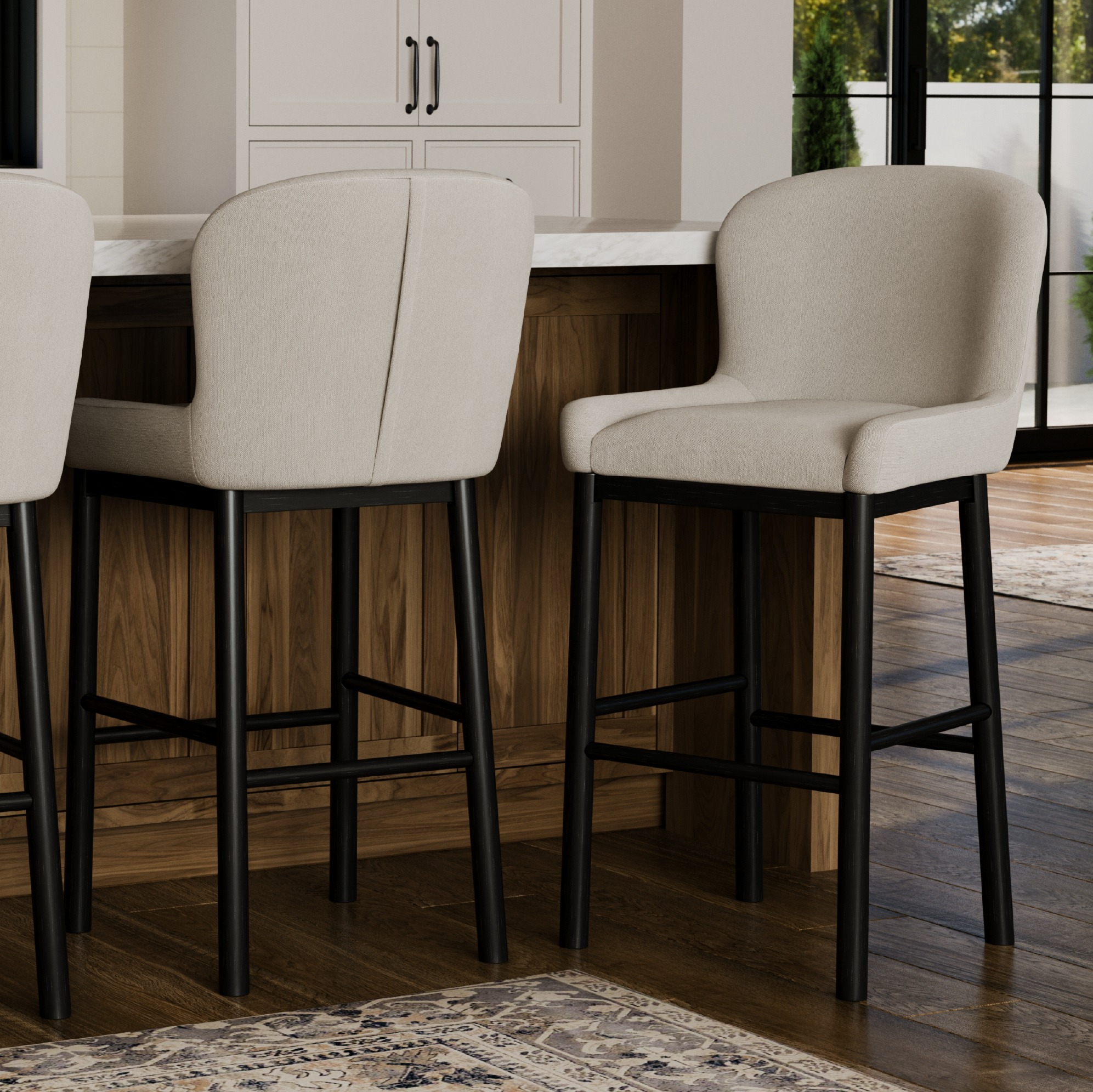 Gia Bar Stool in Aged Black Finish With Dove Weave Fabric in Stools by Maven Lane
