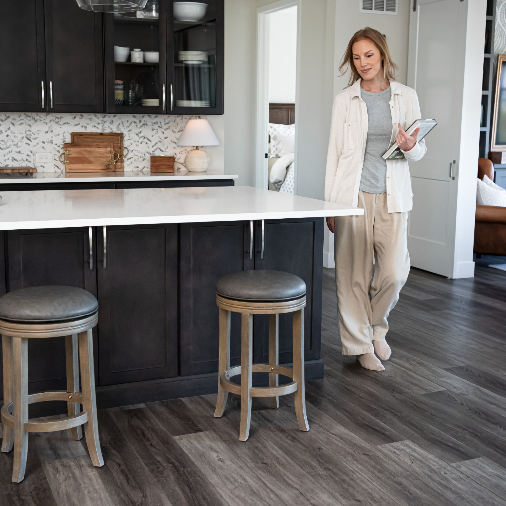 26" Eva swivel counter height kitchen stool - reclaimed oak finish with ronan stone vegan leather in Stools by Maven Lane