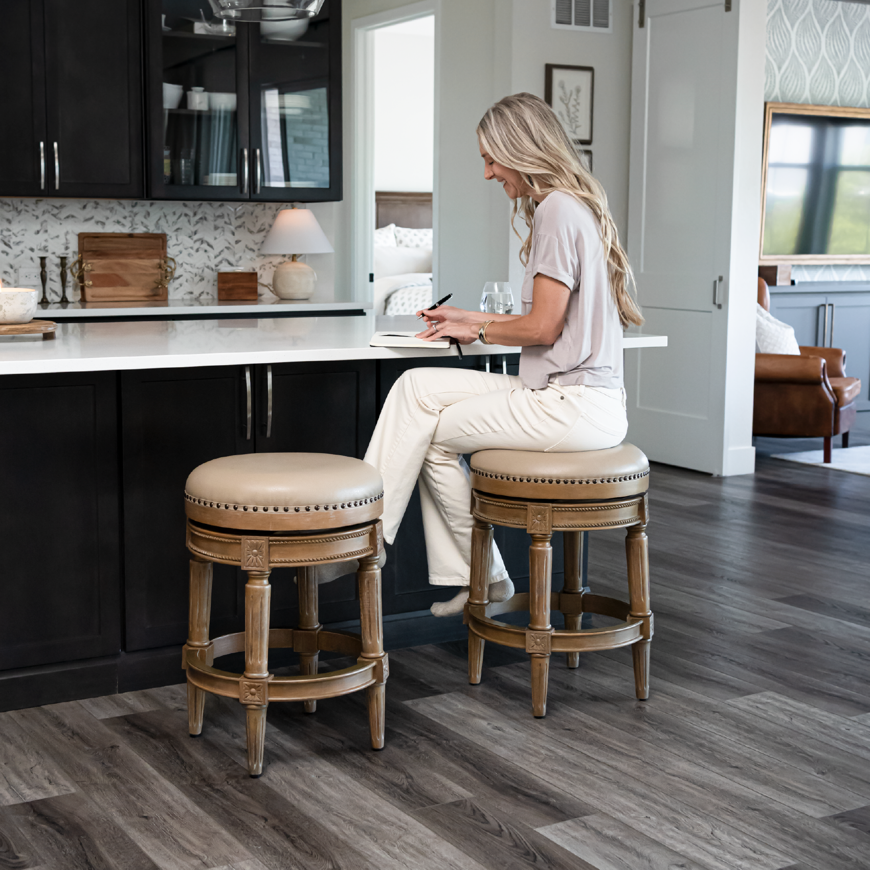 27" Pullman backless swivel counter height kitchen stool - weathered oak finish with avanti bone vegan leather in Stools by Maven Lane