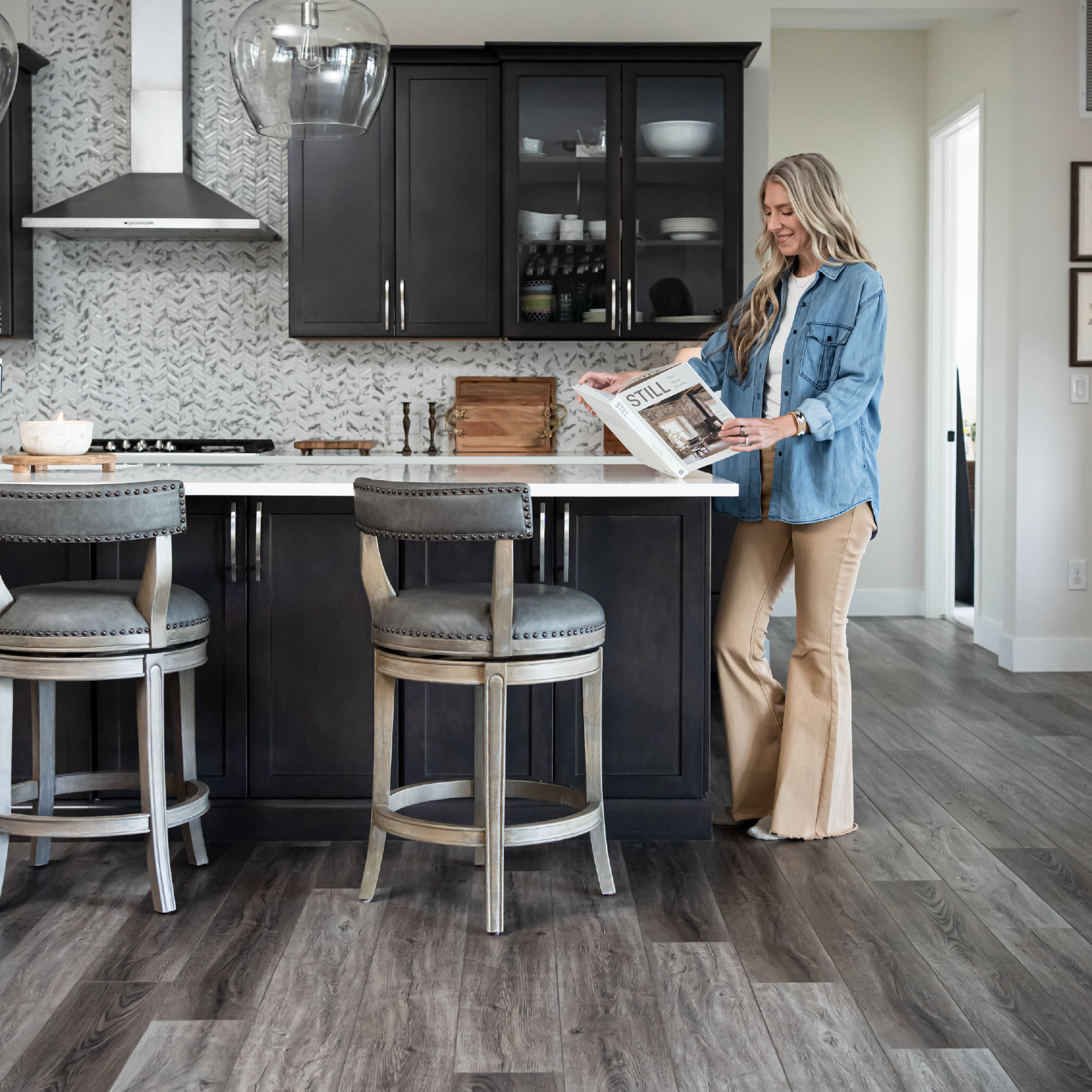 27" Alexander swivel counter height kitchen stool - reclaimed oak finish with ronan stone vegan leather in Stools by Maven Lane