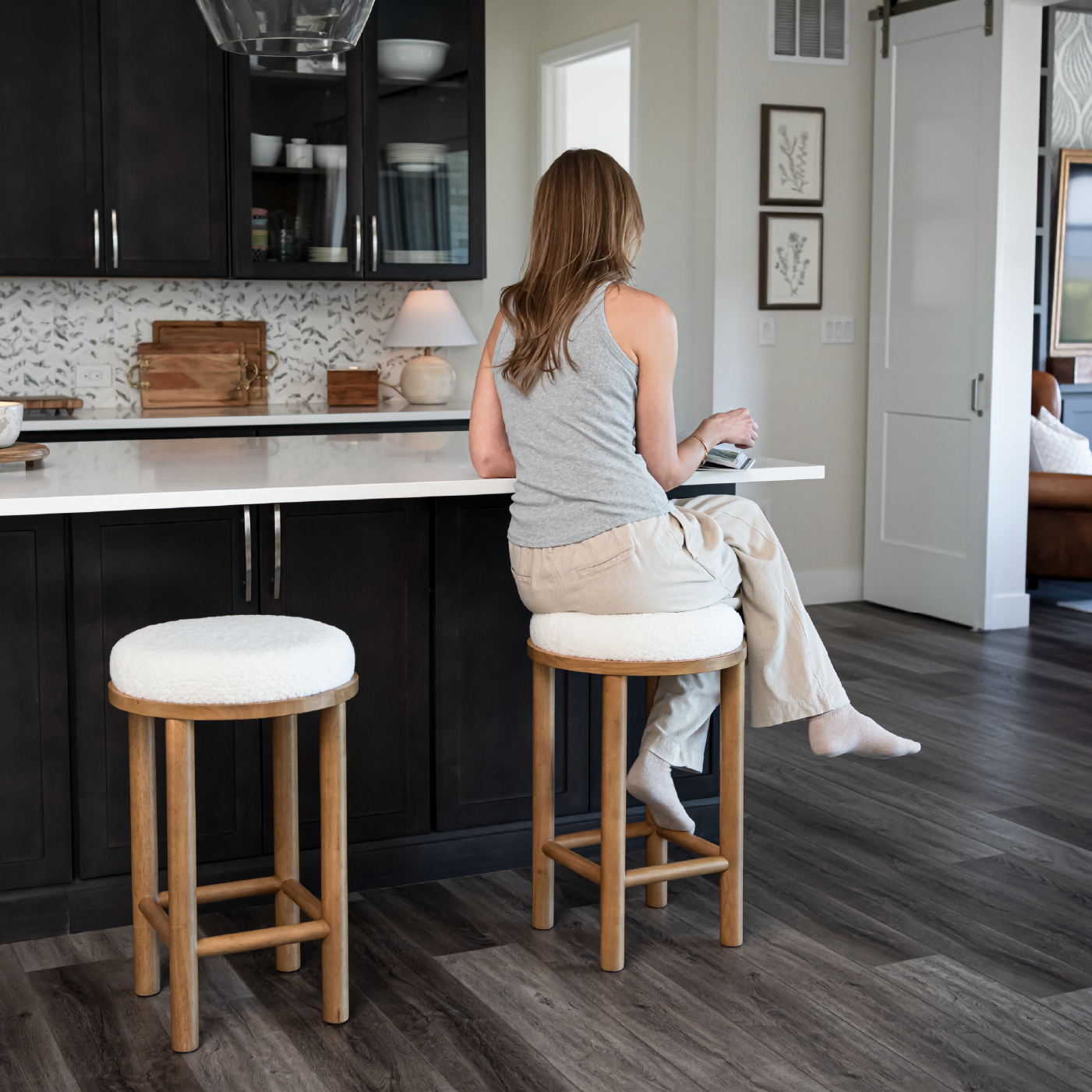 27" Clara counter height kitchen stool - aged natural wood finish with white boucle fabric in Counter Stools by Maven Lane