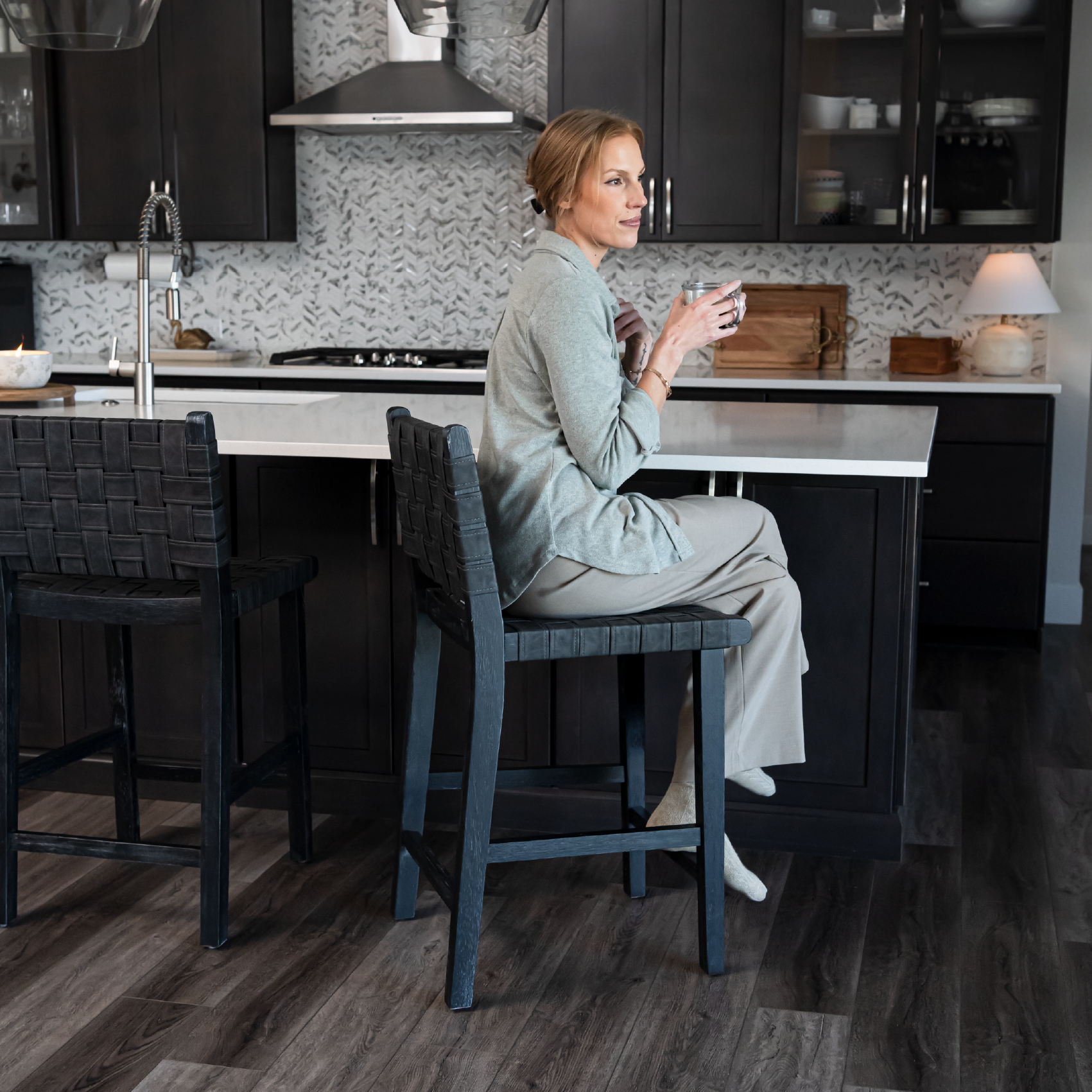 Noah Counter Height Kitchen Stool - Aged Black Finish With Charcoal Black Vegan Leather in Stools by Maven Lane