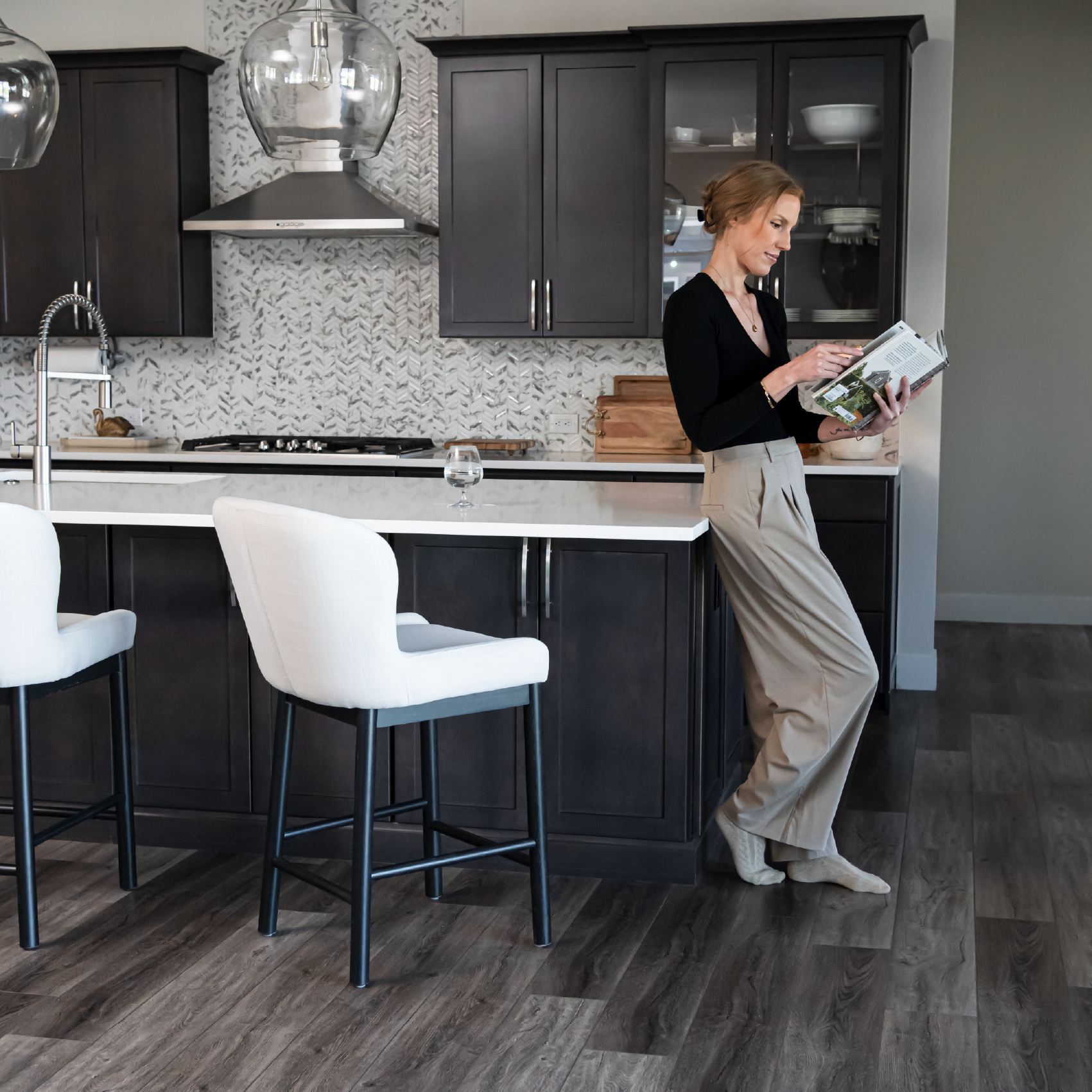 Gia Counter Height Kitchen Stool - Aged Black Finish with Dove Weave Fabric in Stools by Maven Lane