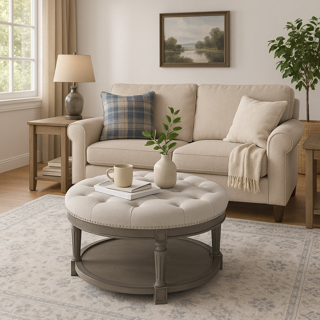 Mesa Round Upholstered Coffee Table in Grey Finish with Grey Fabric in Coffee Table by Maven Lane