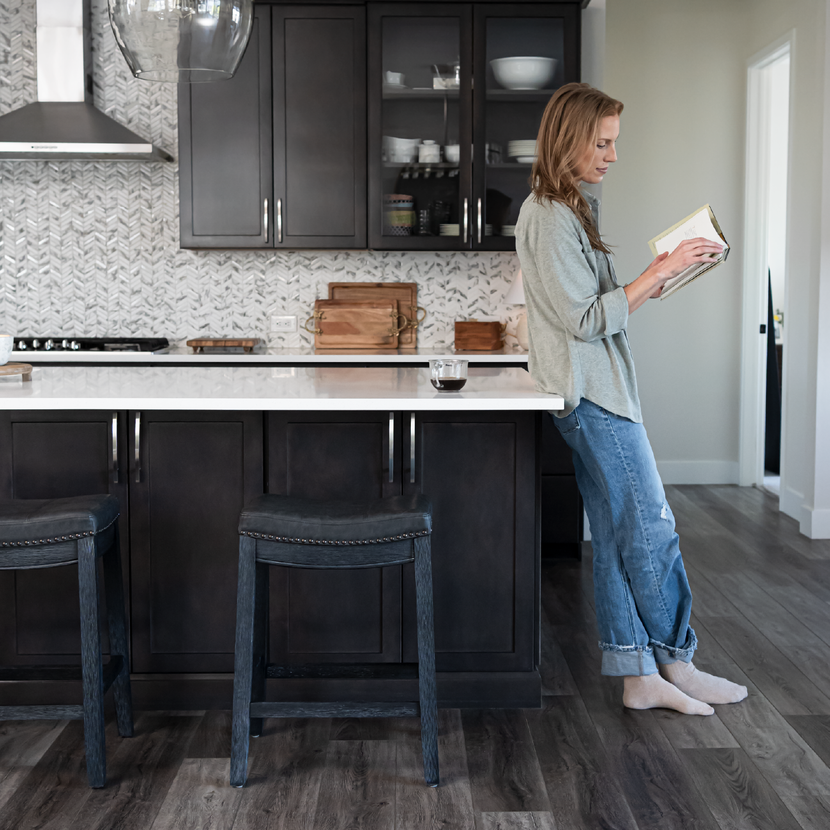 26" Sophia saddle backless counter height kitchen stool - aged black finish with charcoal black vegan leather in Stools by Maven Lane