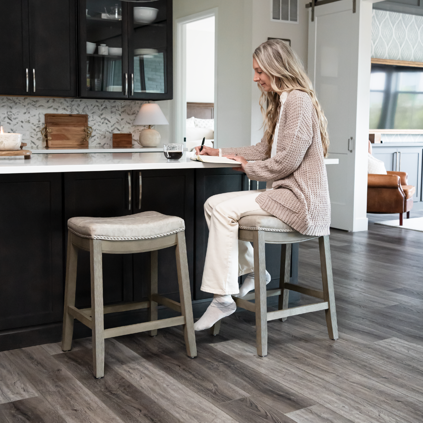 26" Sophia saddle backless counter height kitchen stool - aged grey finish with pebble grey vegan leather in Stools by Maven Lane