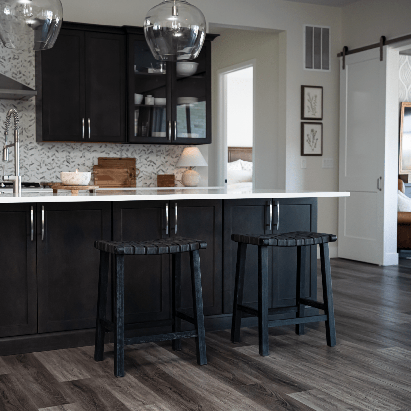 25" Noah Backless Counter Stool in Aged Black Finish with Charcoal Black Vegan Leather in Stools by Maven Lane