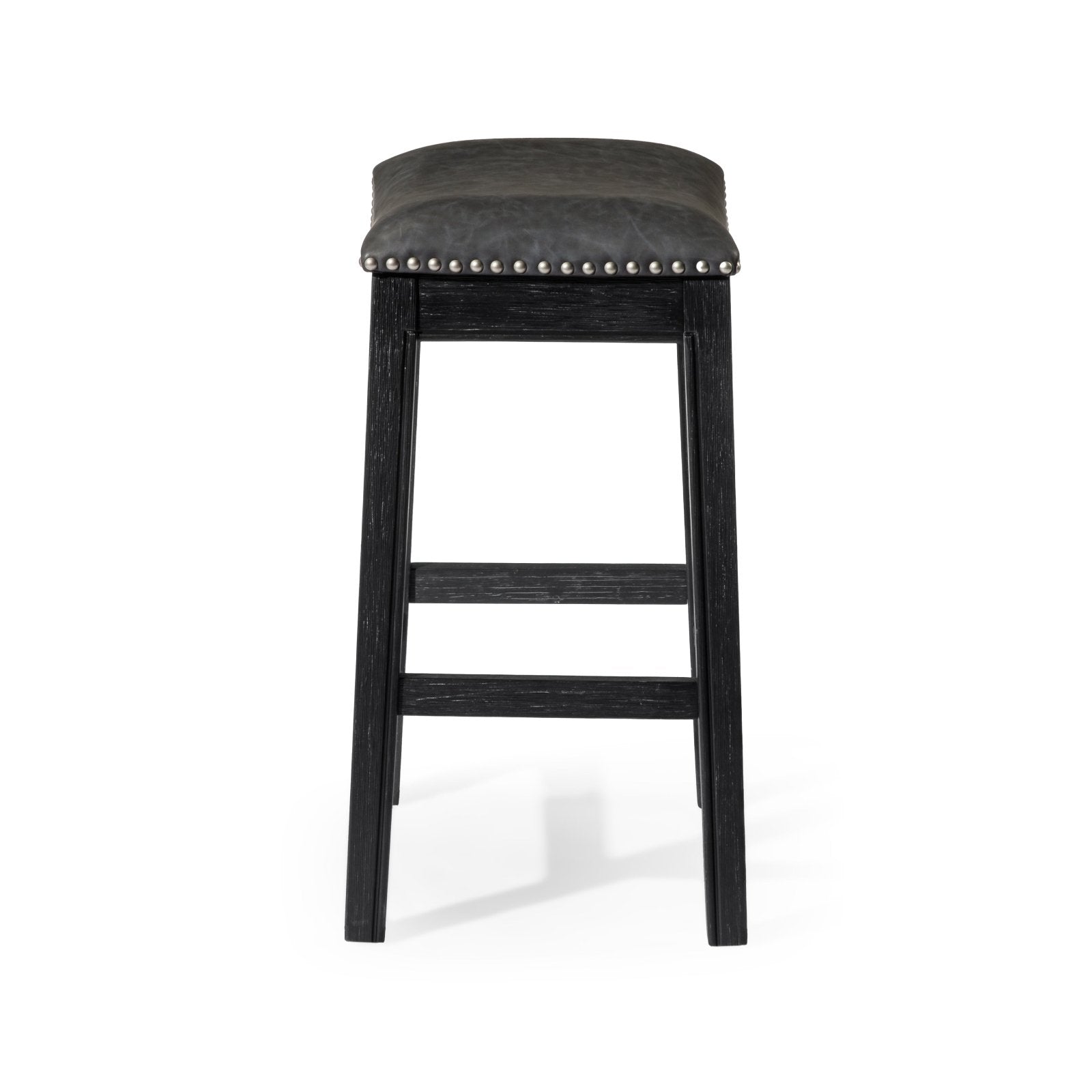 26" Adrien Saddle Counter Stool in Aged Black Finish with Charcoal Black Vegan Leather in Stools by Maven Lane